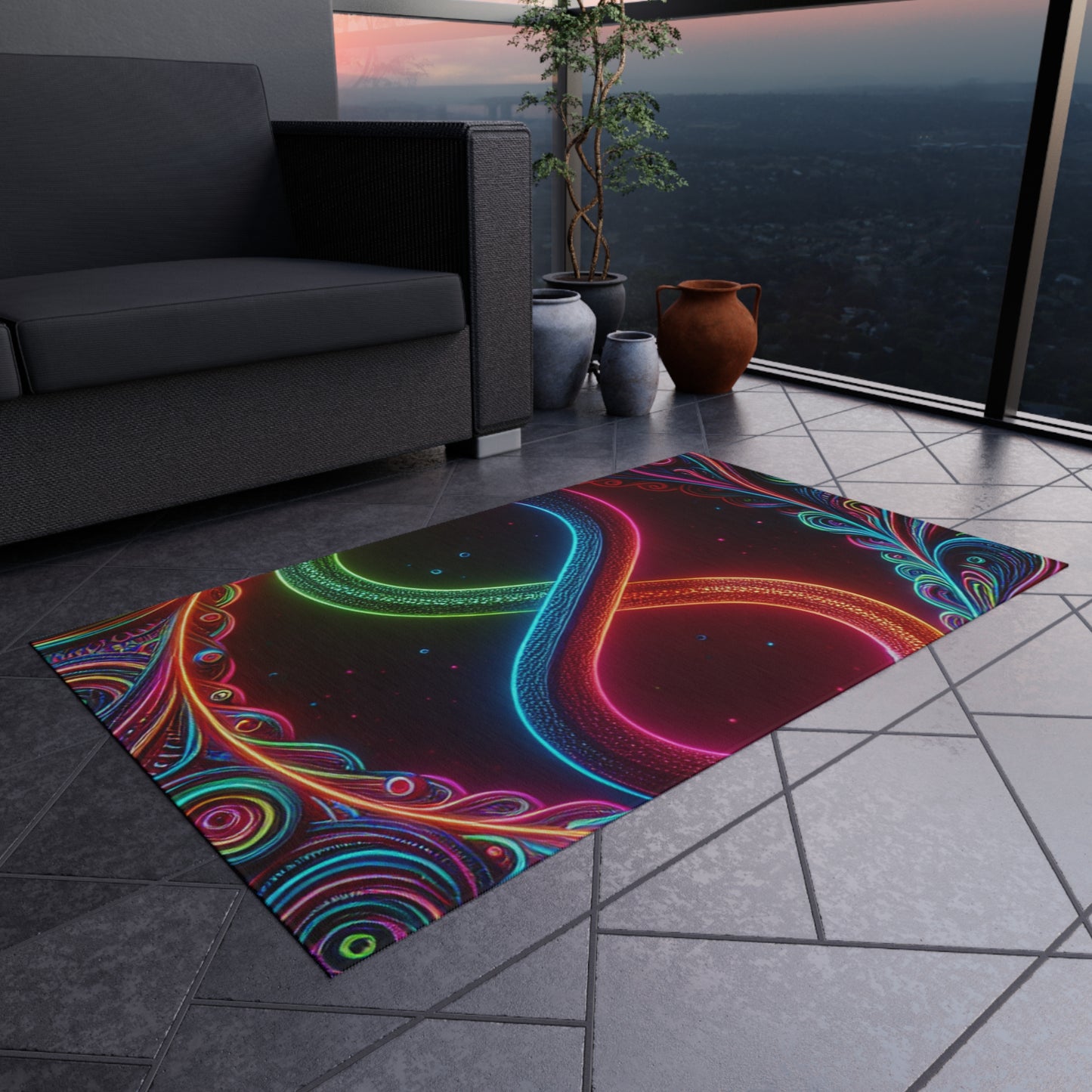 Neon Vortex Infinity. Infinity Patterns Outdoor Rug