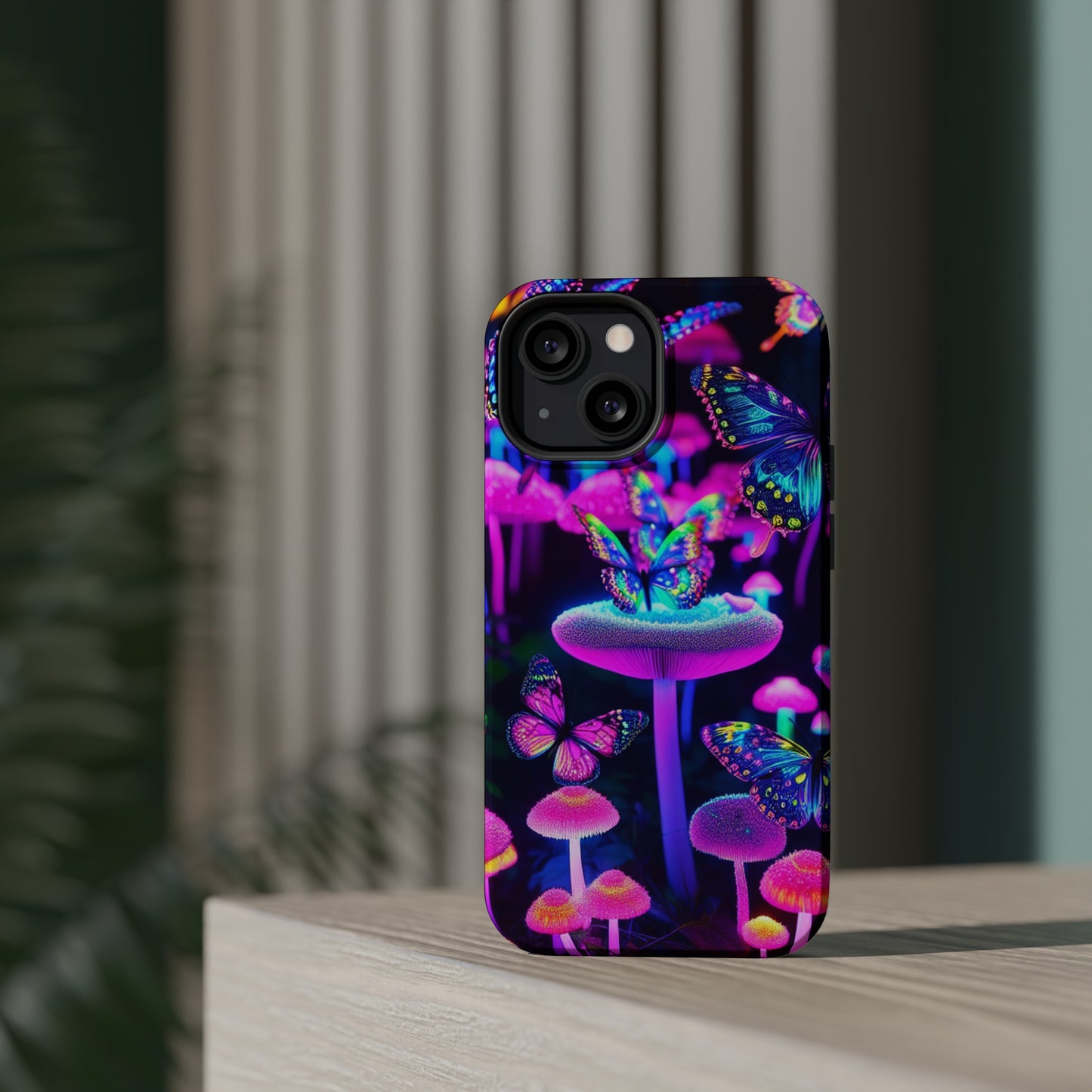 "Neon Gloomsprite Dance" Neon Butterflies and Mushrooms Premium Art Magsafe Magnet Tough IPhone 13 14 15 Pro Plus Max and Mini in Matte and Glossy Phone cases