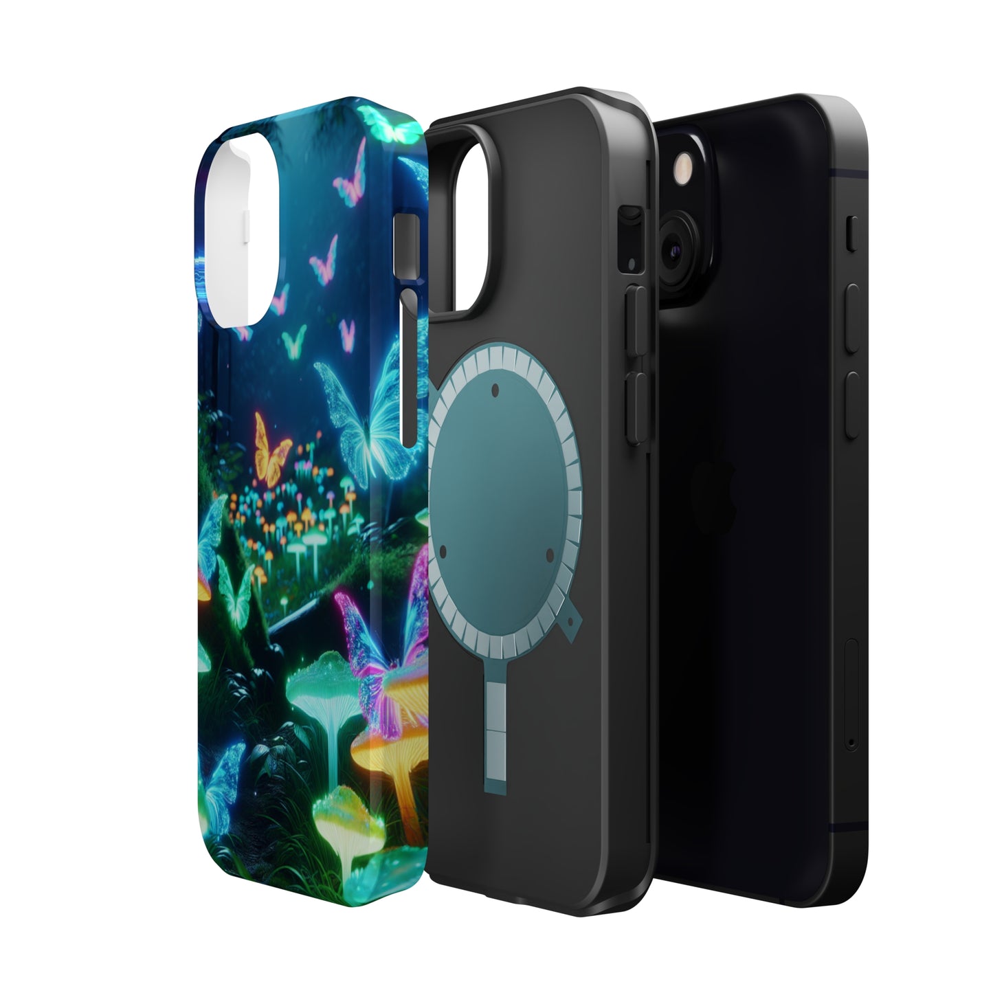 "Neon Meadow" Neon Butterflies and Mushrooms Premium Art Magsafe Magnet Tough IPhone 13 14 15 Pro Plus Max and Mini in Matte and Glossy Phone cases