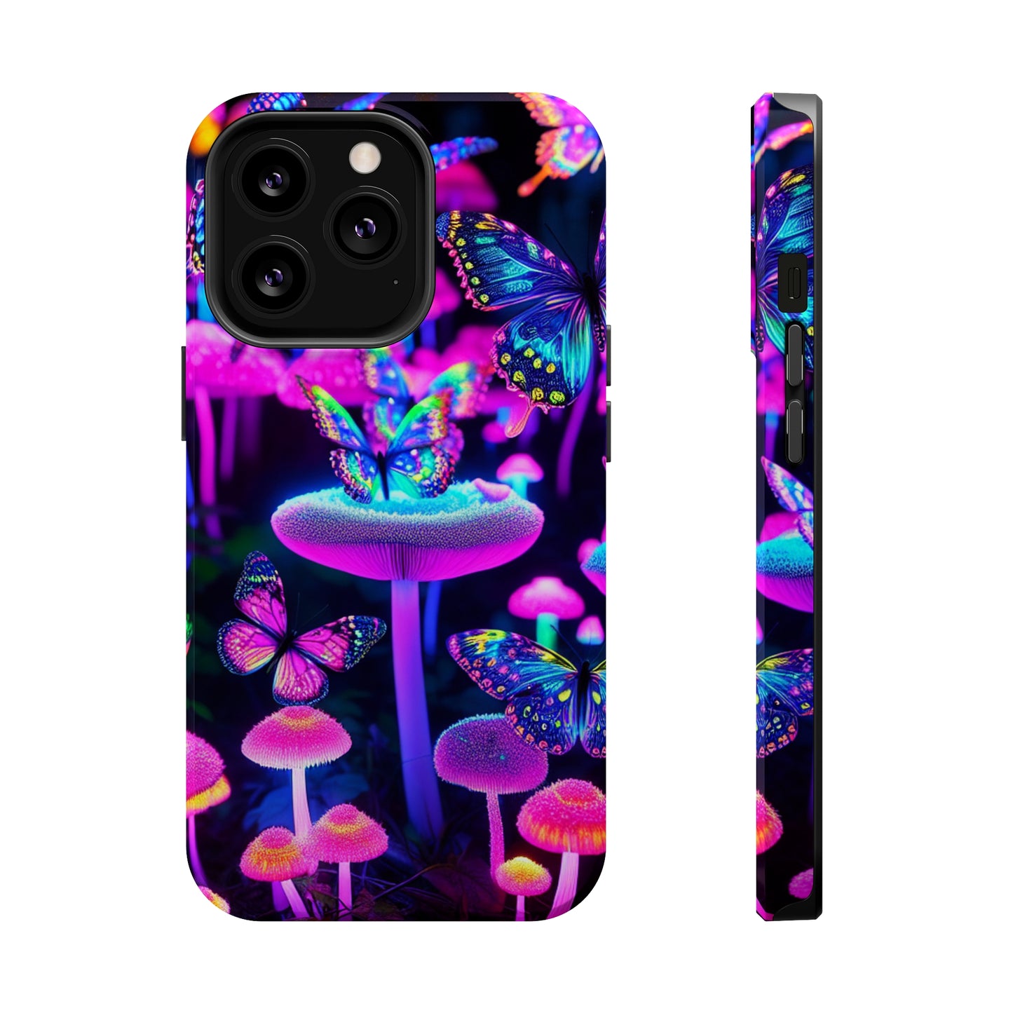 "Neon Gloomsprite Dance" Neon Butterflies and Mushrooms Premium Art Magsafe Magnet Tough IPhone 13 14 15 Pro Plus Max and Mini in Matte and Glossy Phone cases