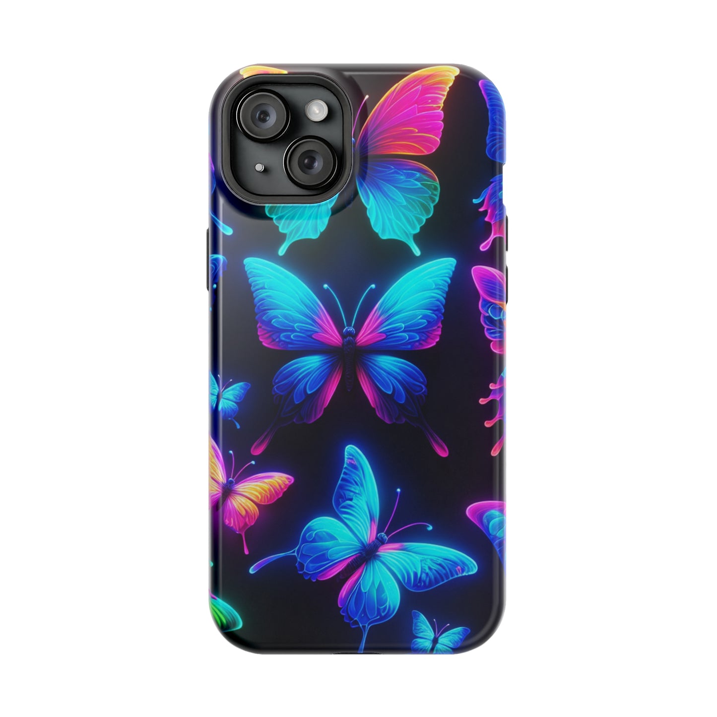 "Neon Flight Frenzy" Neon Butterflies Premium Art Magsafe Magnet Tough IPhone 13 14 15 Pro Plus Max and Mini in Matte and Glossy Phone cases