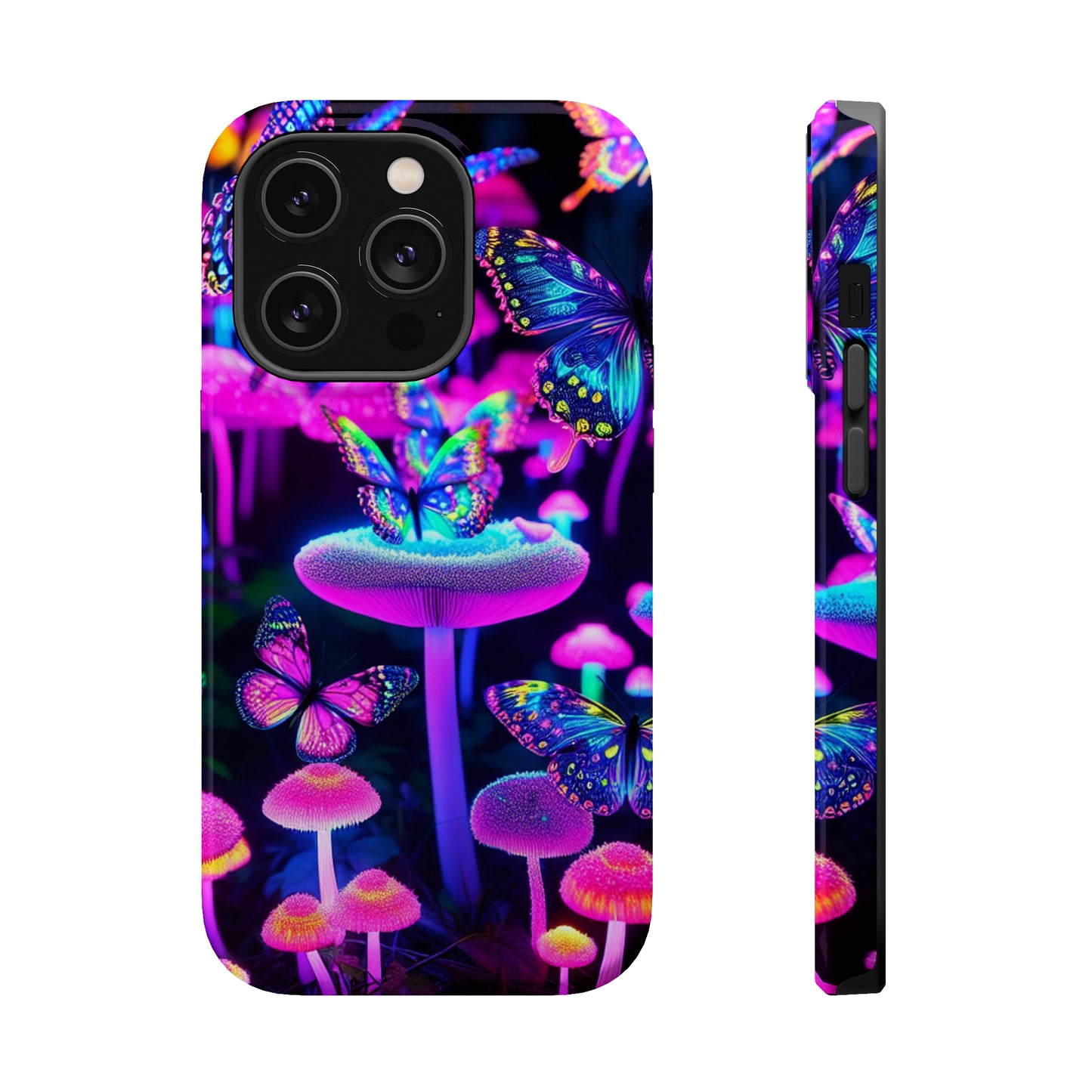 "Neon Gloomsprite Dance" Neon Butterflies and Mushrooms Premium Art Magsafe Magnet Tough IPhone 13 14 15 Pro Plus Max and Mini in Matte and Glossy Phone cases