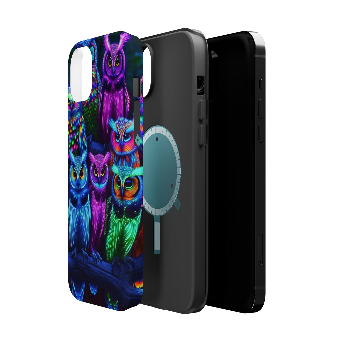 "Neon Nocturne" Neon Owls Premium Art Magsafe Magnet Tough IPhone 13 14 15 Pro Plus Max and Mini in Matte and Glossy Phone cases