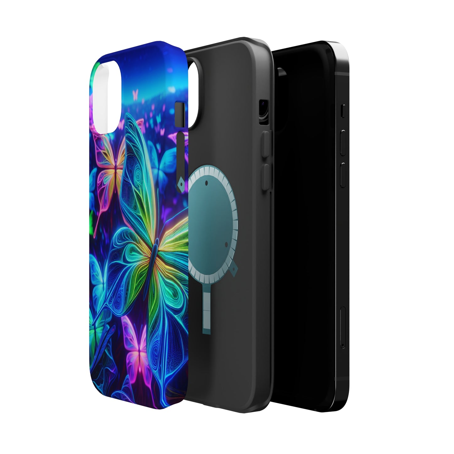 'Serene Spectacle of Neon Butterflies' Neon Butterflies Premium Art Magsafe Magnet Tough IPhone 13 14 15 Pro Plus Max and Mini in Matte and Glossy Phone cases