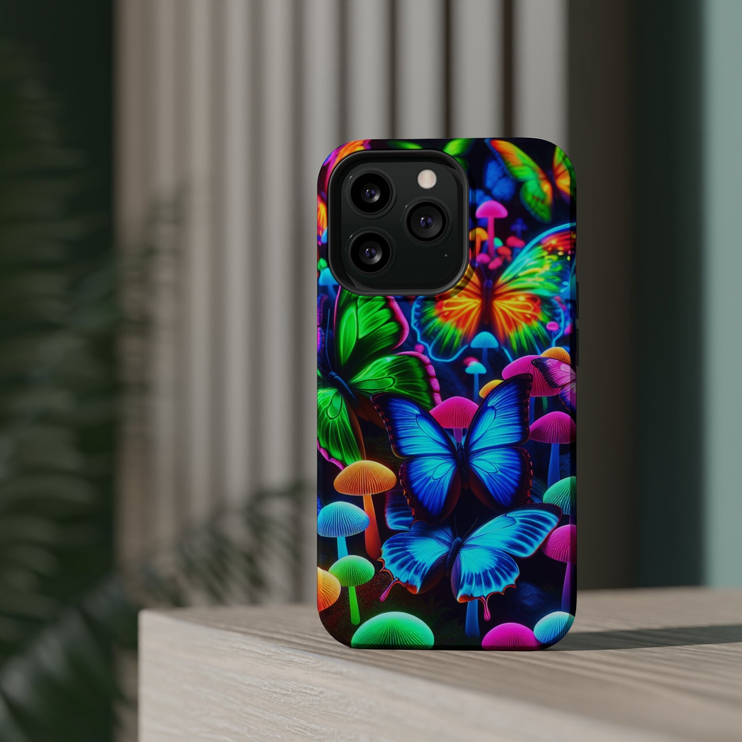 "Fantastic Fruition" Neon Butterflies and Mushrooms Premium Art Magsafe Magnet Tough IPhone 13 14 15 Pro Plus Max and Mini in Matte and Glossy Phone cases