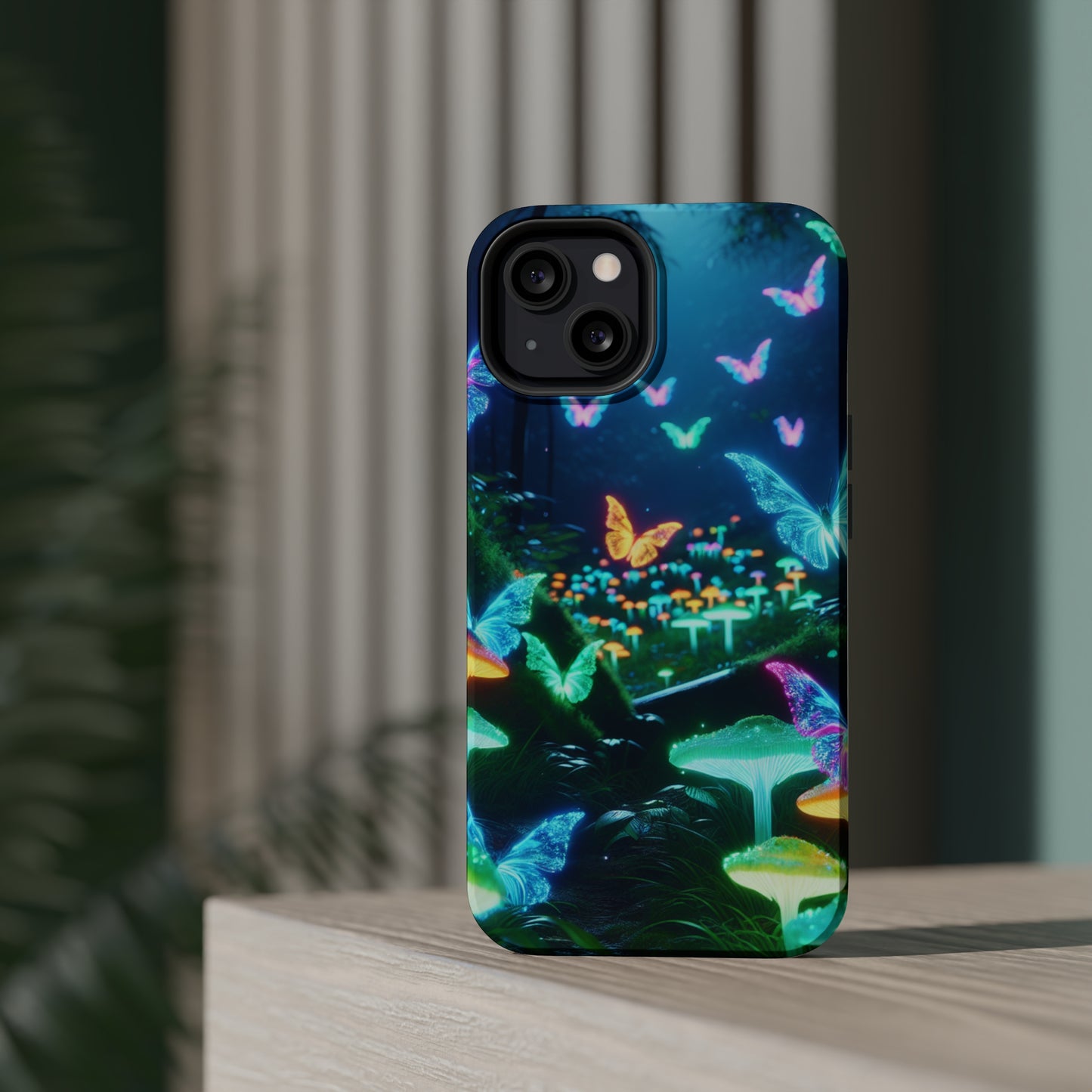 "Neon Meadow" Neon Butterflies and Mushrooms Premium Art Magsafe Magnet Tough IPhone 13 14 15 Pro Plus Max and Mini in Matte and Glossy Phone cases