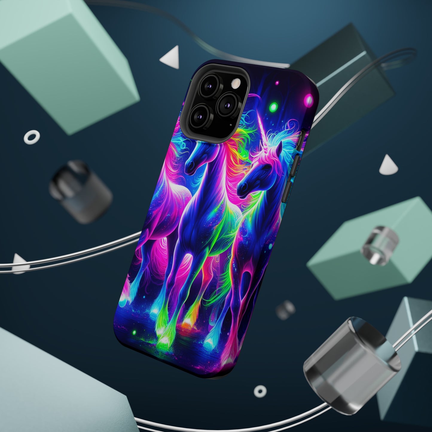 "Uni-Neon Fantasy" Neon Unicorns Premium Art Magsafe Magnet Tough IPhone 13 14 15 Pro Plus Max and Mini in Matte and Glossy Phone cases