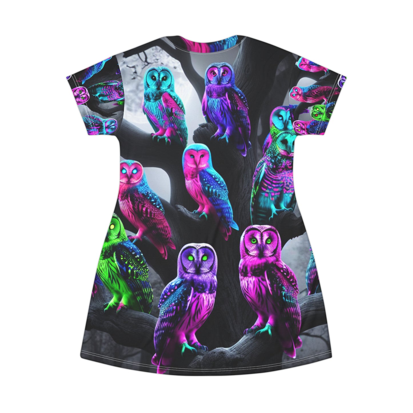 Neon Nocturnal Nightingales Neon Owls Womans T Shirt Dress
