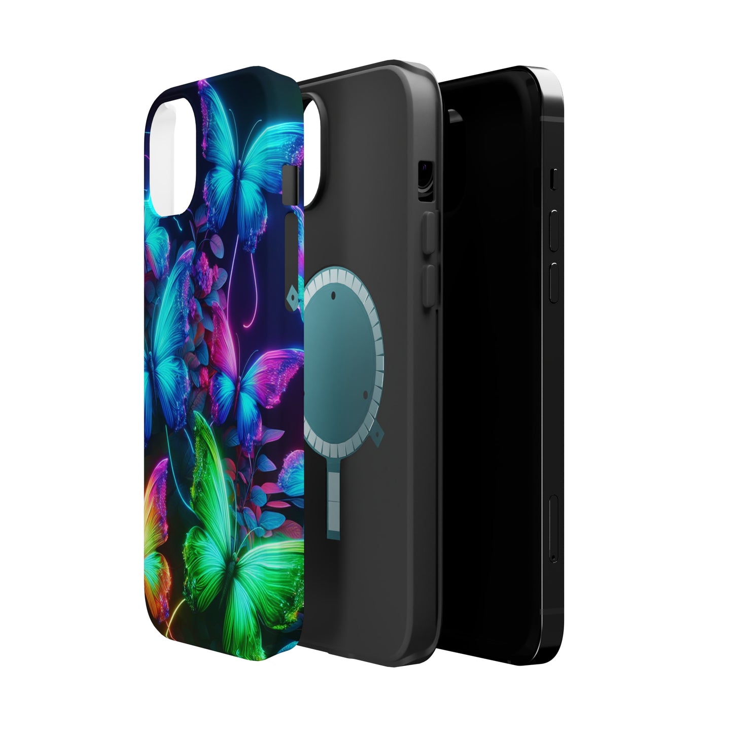 Neon Flutter Symphony Neon Butterflies Premium Art Magsafe Magnet Tough IPhone 13 14 15 Pro Plus Max and Mini in Matte and Glossy Phone cases