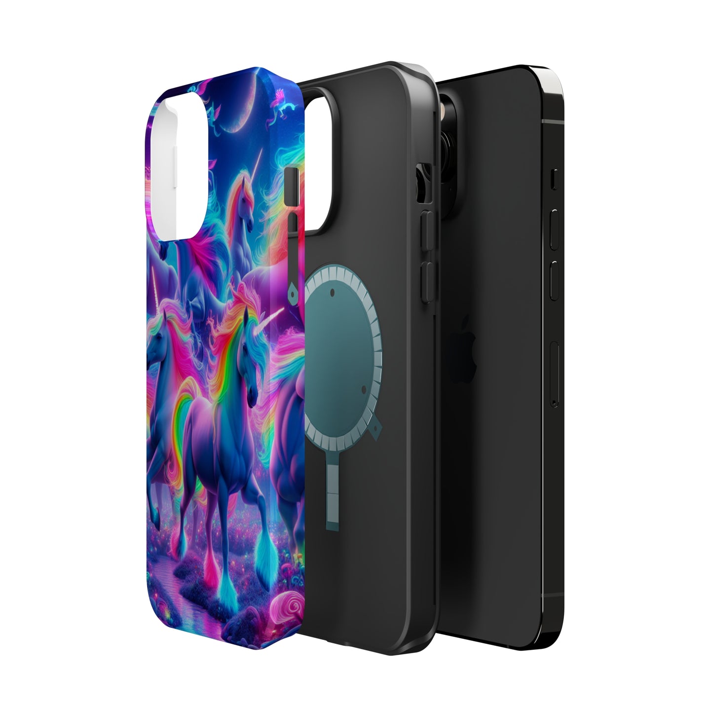"Unicorn Prism" Neon Unicorns Premium Art Magsafe Magnet Tough IPhone 13 14 15 Pro Plus Max and Mini in Matte and Glossy Phone cases