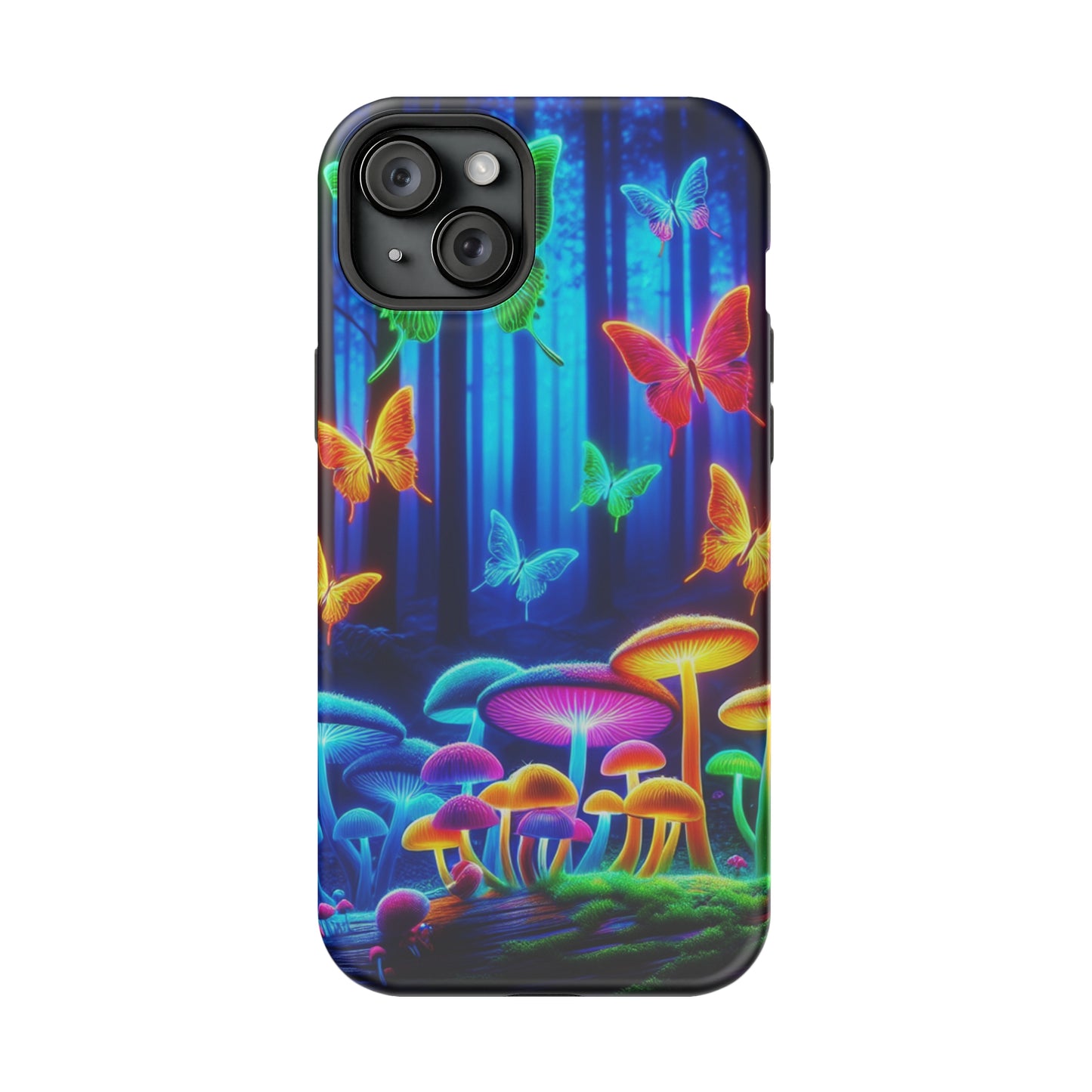 "Neon Garden Delight" Neon Butterflies and Mushrooms Premium Art Magsafe Magnet Tough IPhone 13 14 15 Pro Plus Max and Mini in Matte and Glossy Phone cases