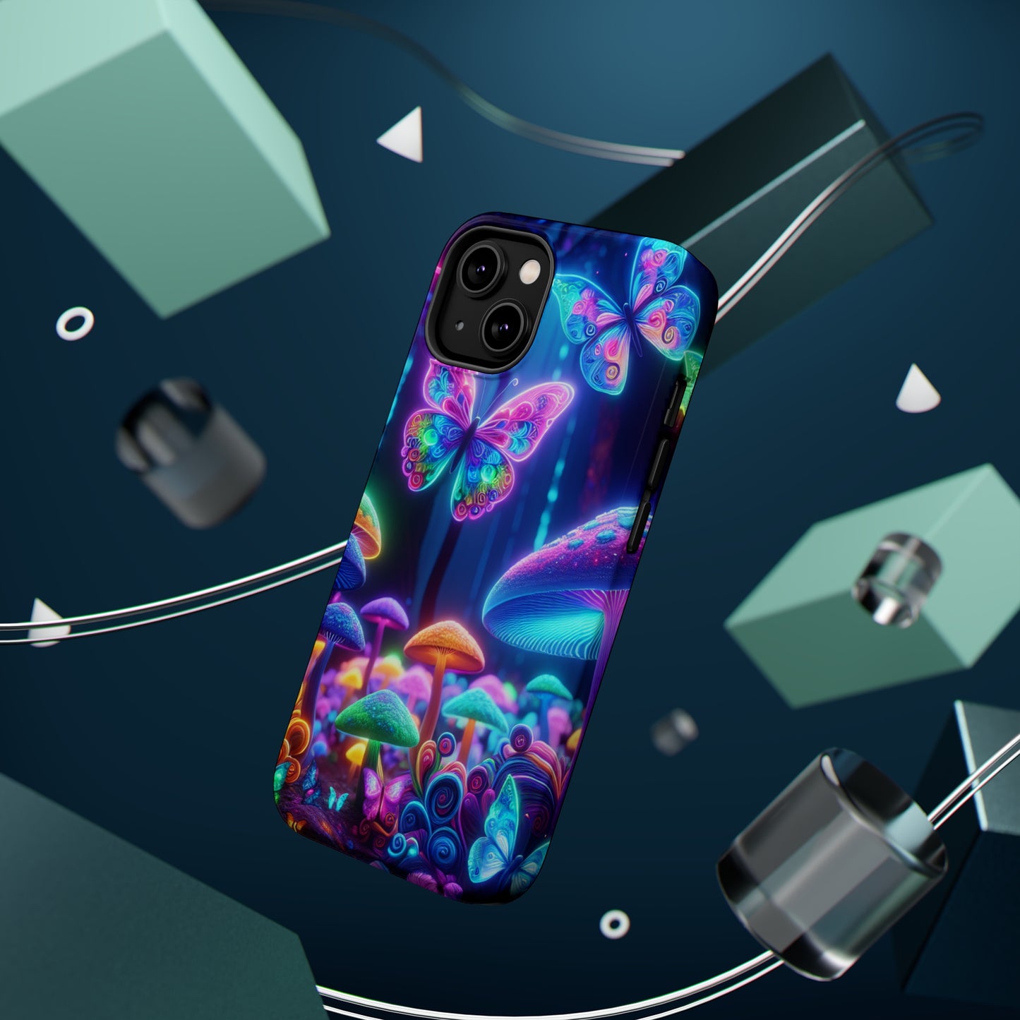 Neon Ecstasy. Neon Butterflies and Mushrooms Premium Art Magsafe Magnet Tough IPhone 13 14 15 Pro Plus Max and Mini in Matte and Glossy Phone cases