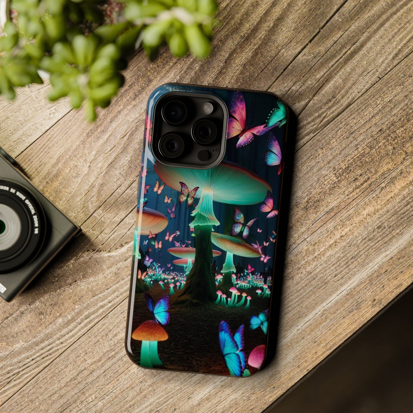 Neon Garden Delight. Neon Butterflies and Mushrooms Premium Art Magsafe Magnet Tough IPhone 13 14 15 Pro Plus Max and Mini in Matte and Glossy Phone cases
