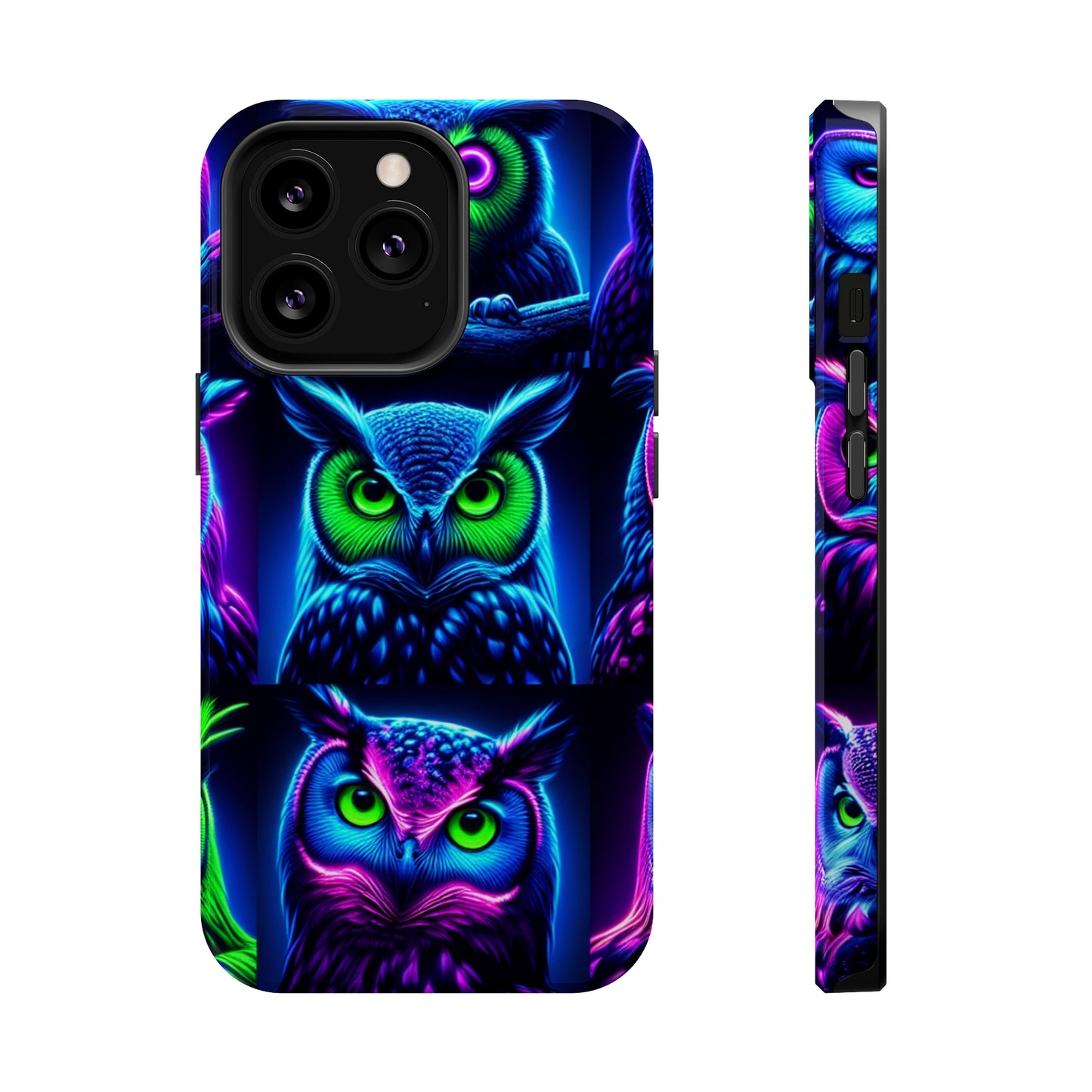"Neon Nocturne" Neon Owls Premium Art Magsafe Magnet Tough IPhone 13 14 15 Pro Plus Max and Mini in Matte and Glossy Phone cases