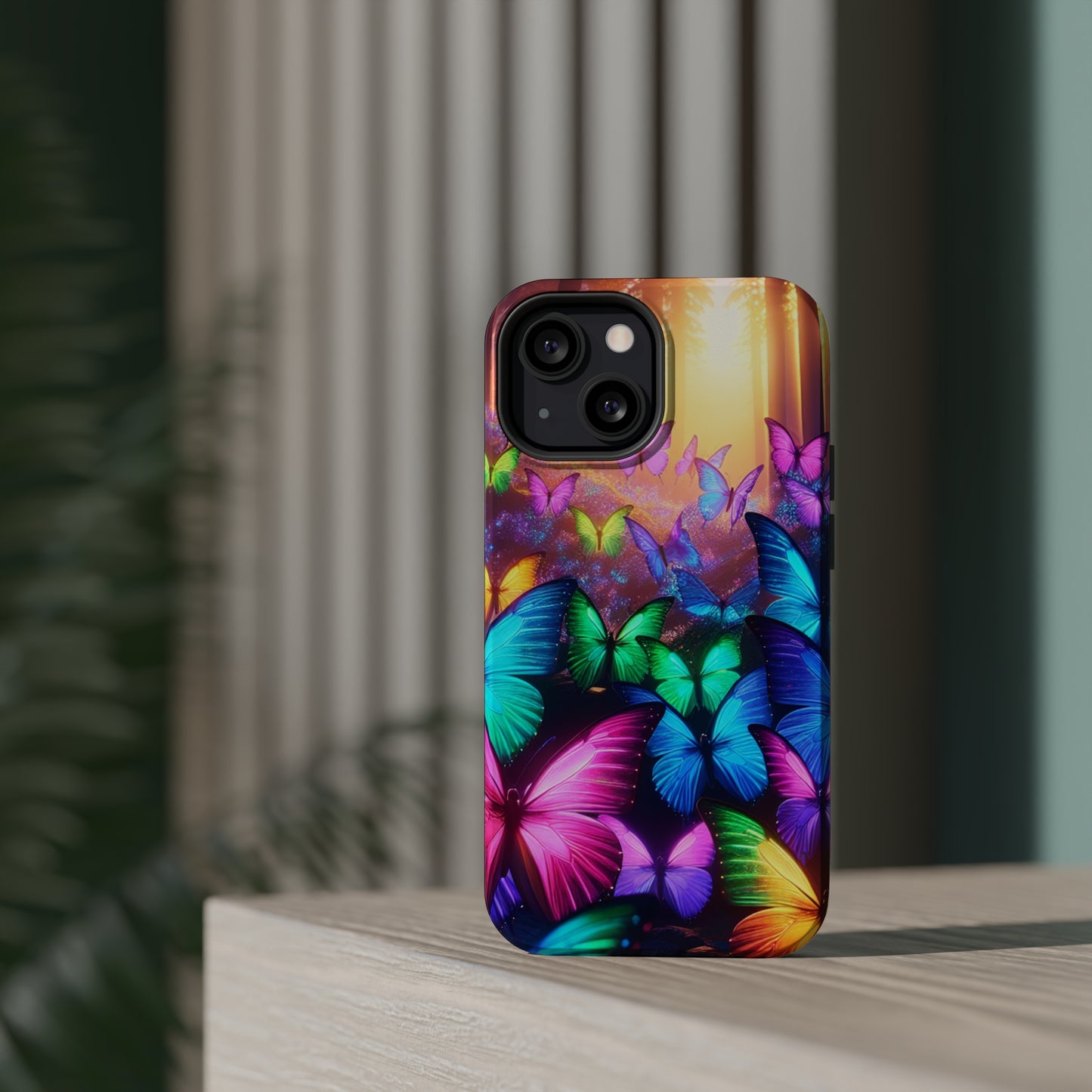 "Radiant Glowing Flight" Neon Butterflies Premium Art Magsafe Magnet Tough IPhone 13 14 15 Pro Plus Max and Mini in Matte and Glossy Phone cases