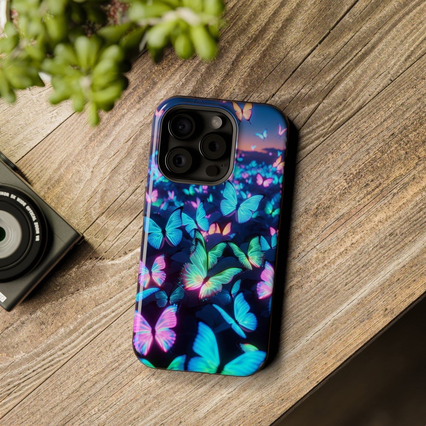 "Fantasia of Neon Butterflies" Neon Butterflies Premium Art Magsafe Magnet Tough IPhone 13 14 15 Pro Plus Max and Mini in Matte and Glossy Phone cases