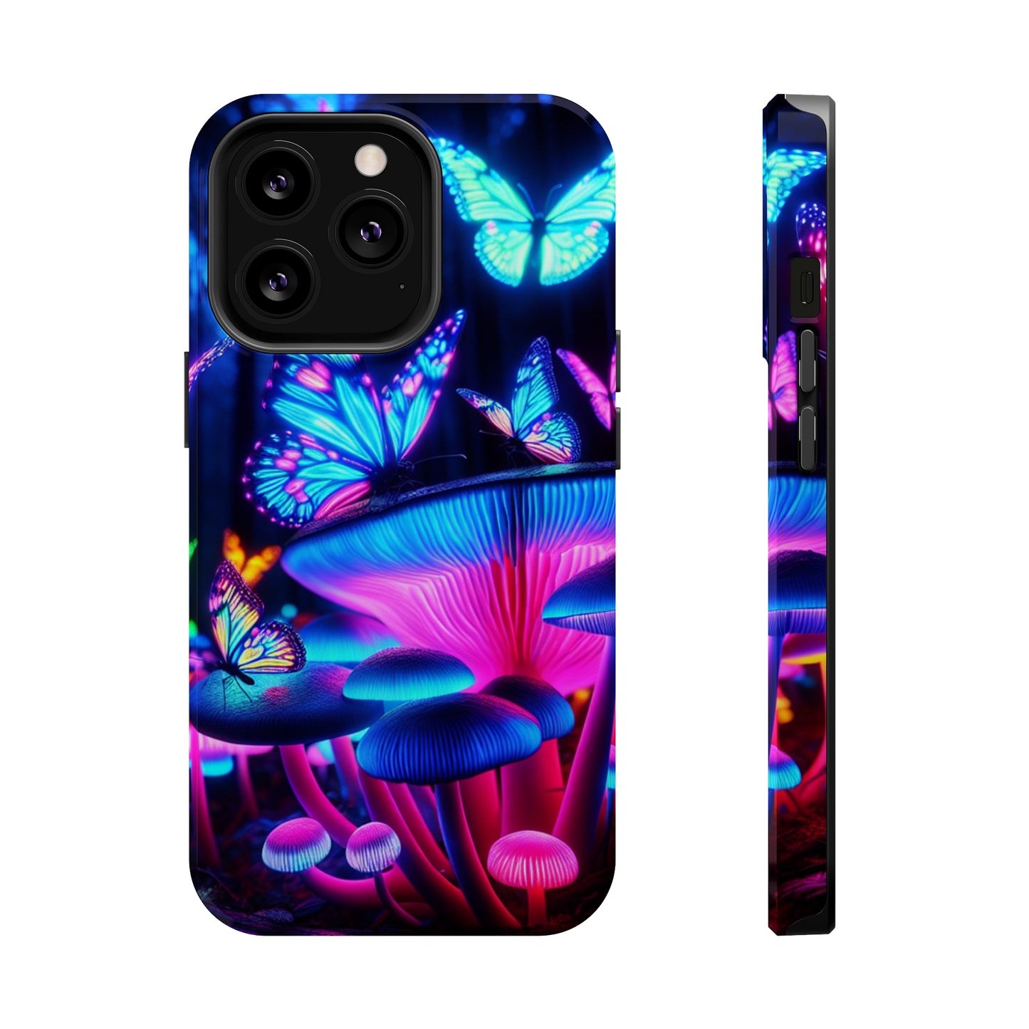 Neon Fantasy Garden Neon Butterflies and Mushrooms Premium Art Magsafe Magnet Tough IPhone 13 14 15 Pro Plus Max and Mini in Matte and Glossy Phone cases