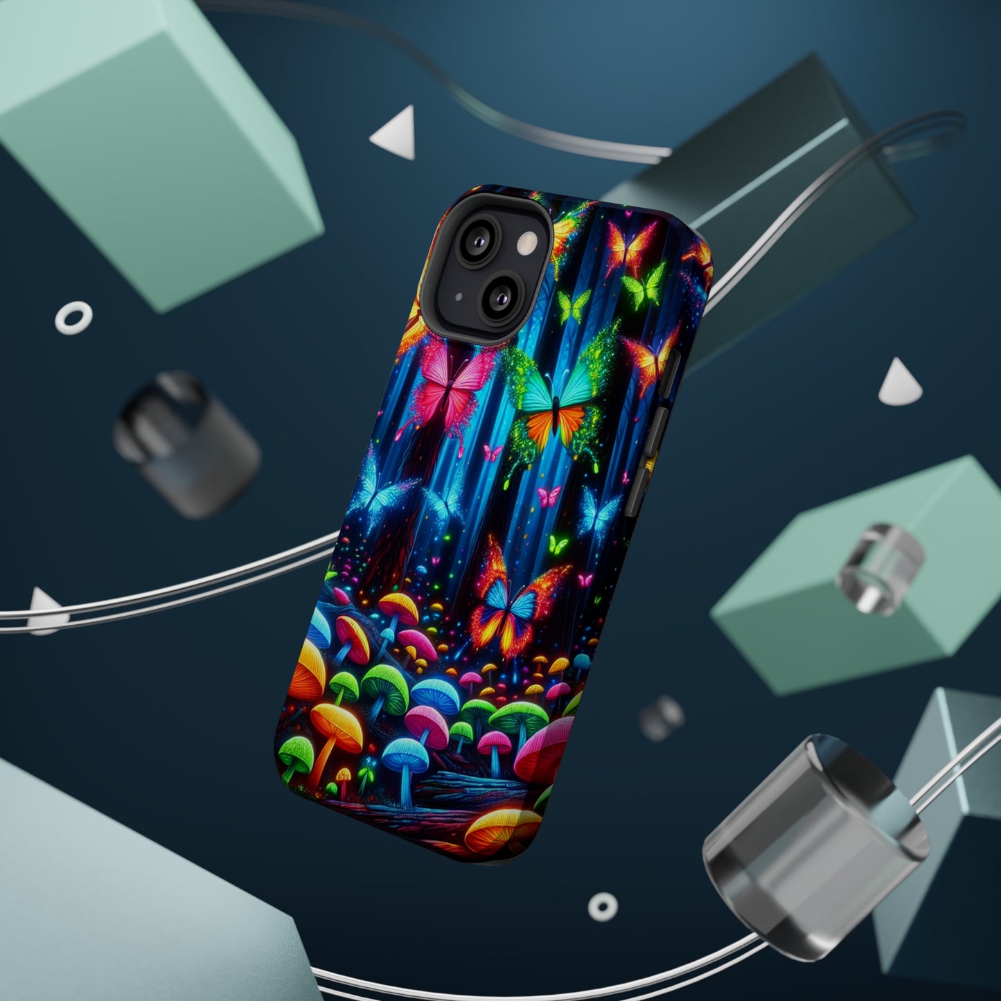Neon Fantasia. Neon Butterflies and Mushrooms Premium Art Magsafe Magnet Tough IPhone 13 14 15 Pro Plus Max and Mini in Matte and Glossy Phone cases