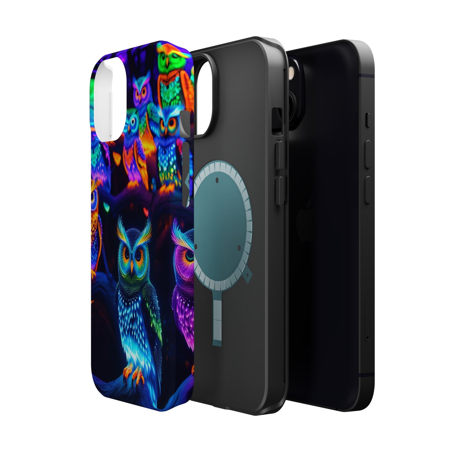 Glowing Neon Clan. Neon Owls Premium Art Magsafe Magnet Tough IPhone 13 14 15 Pro Plus Max and Mini in Matte and Glossy Phone cases