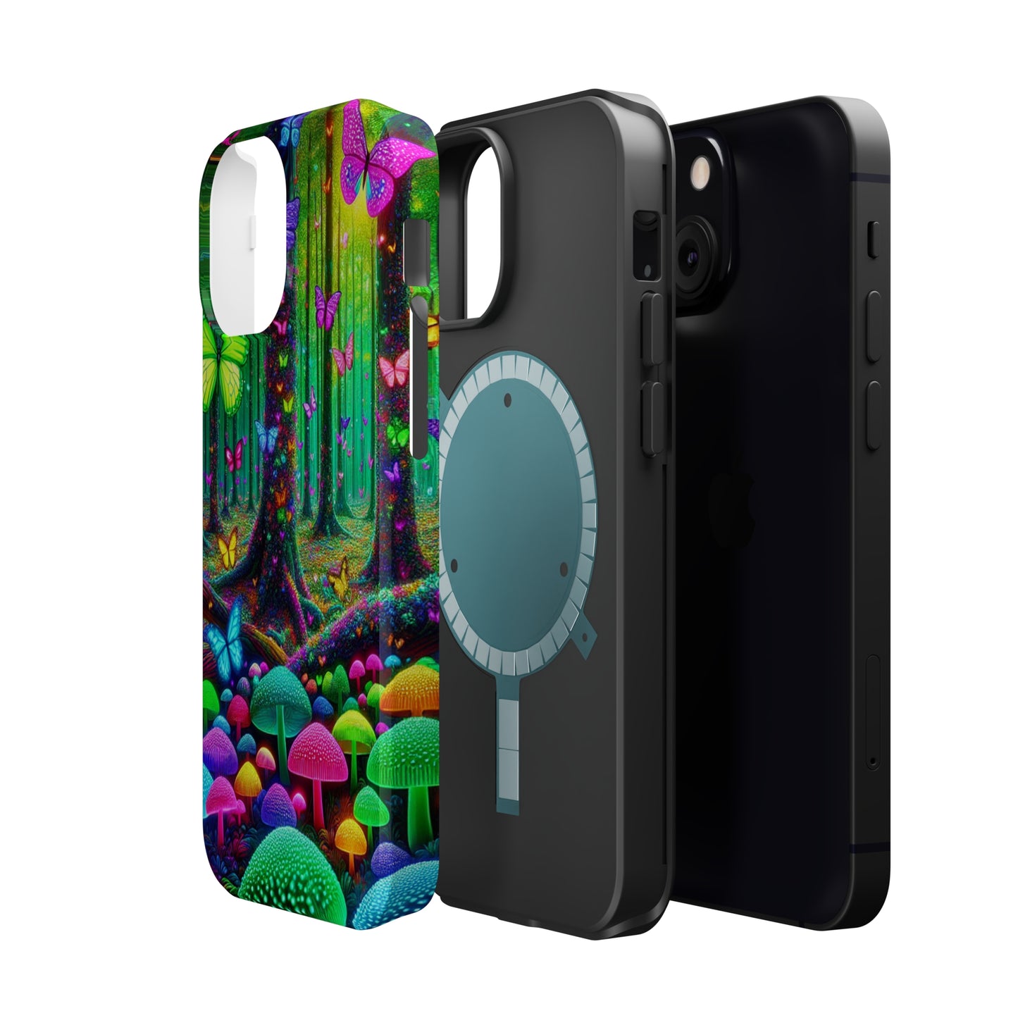 "Neon Garden Symphony". Neon Butterflies and Mushrooms Premium Art Magsafe Magnet Tough IPhone 13 14 15 Pro Plus Max and Mini in Matte and Glossy Phone cases