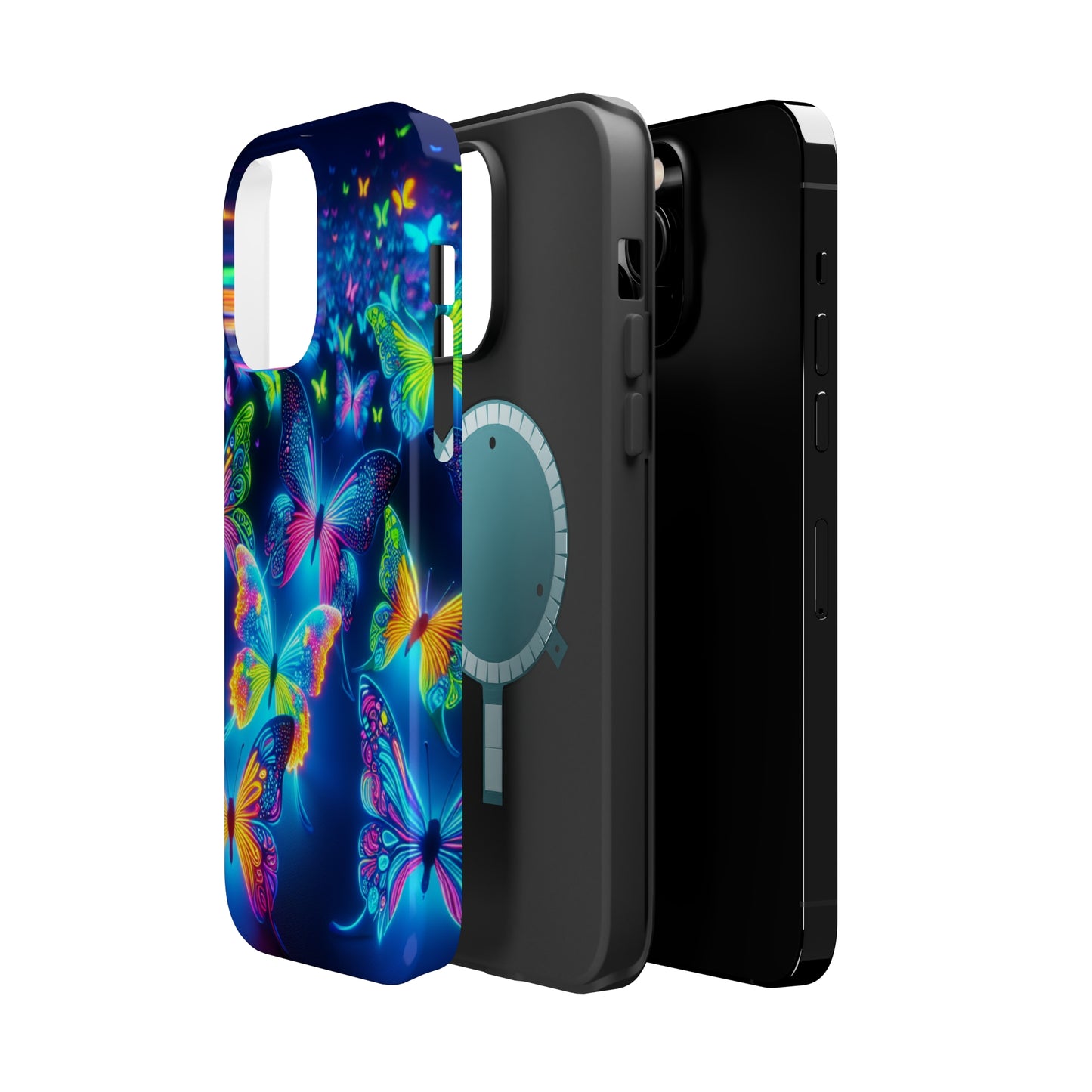 "Atmospheric Fluorescence" Neon Butterflies Premium Art Magsafe Magnet Tough IPhone 13 14 15 Pro Plus Max and Mini in Matte and Glossy Phone cases