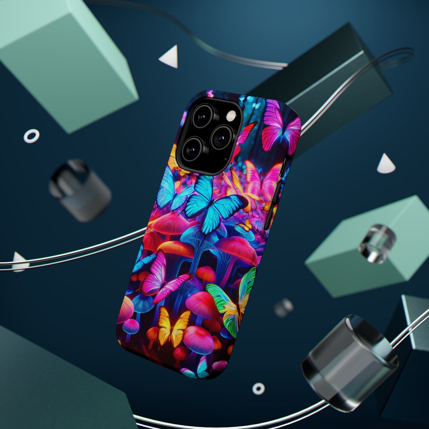 "Neon Tie-Dye Garden" Neon Butterflies and Mushrooms Premium Art Magsafe Magnet Tough IPhone 13 14 15 Pro Plus Max and Mini in Matte and Glossy Phone cases
