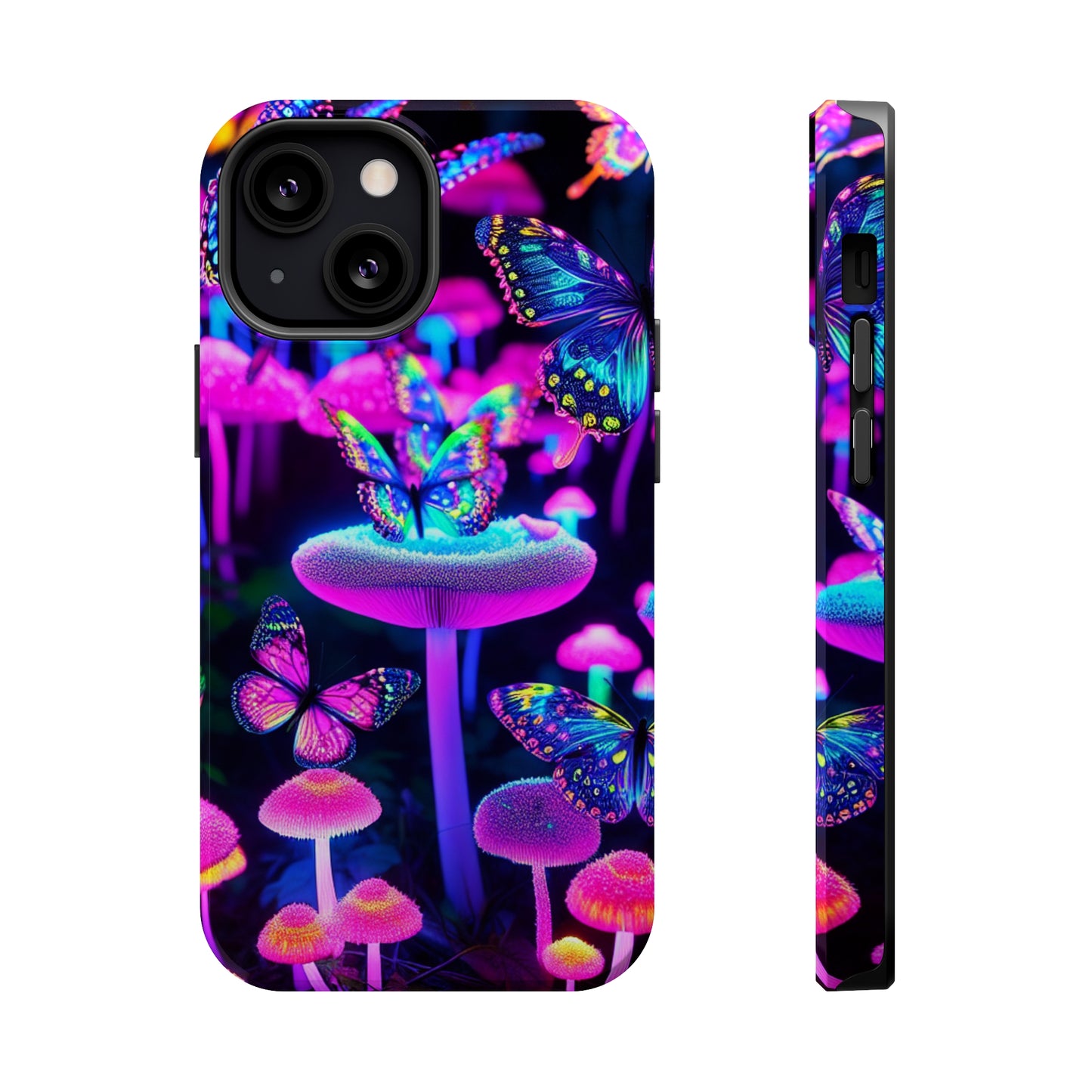 "Neon Gloomsprite Dance" Neon Butterflies and Mushrooms Premium Art Magsafe Magnet Tough IPhone 13 14 15 Pro Plus Max and Mini in Matte and Glossy Phone cases