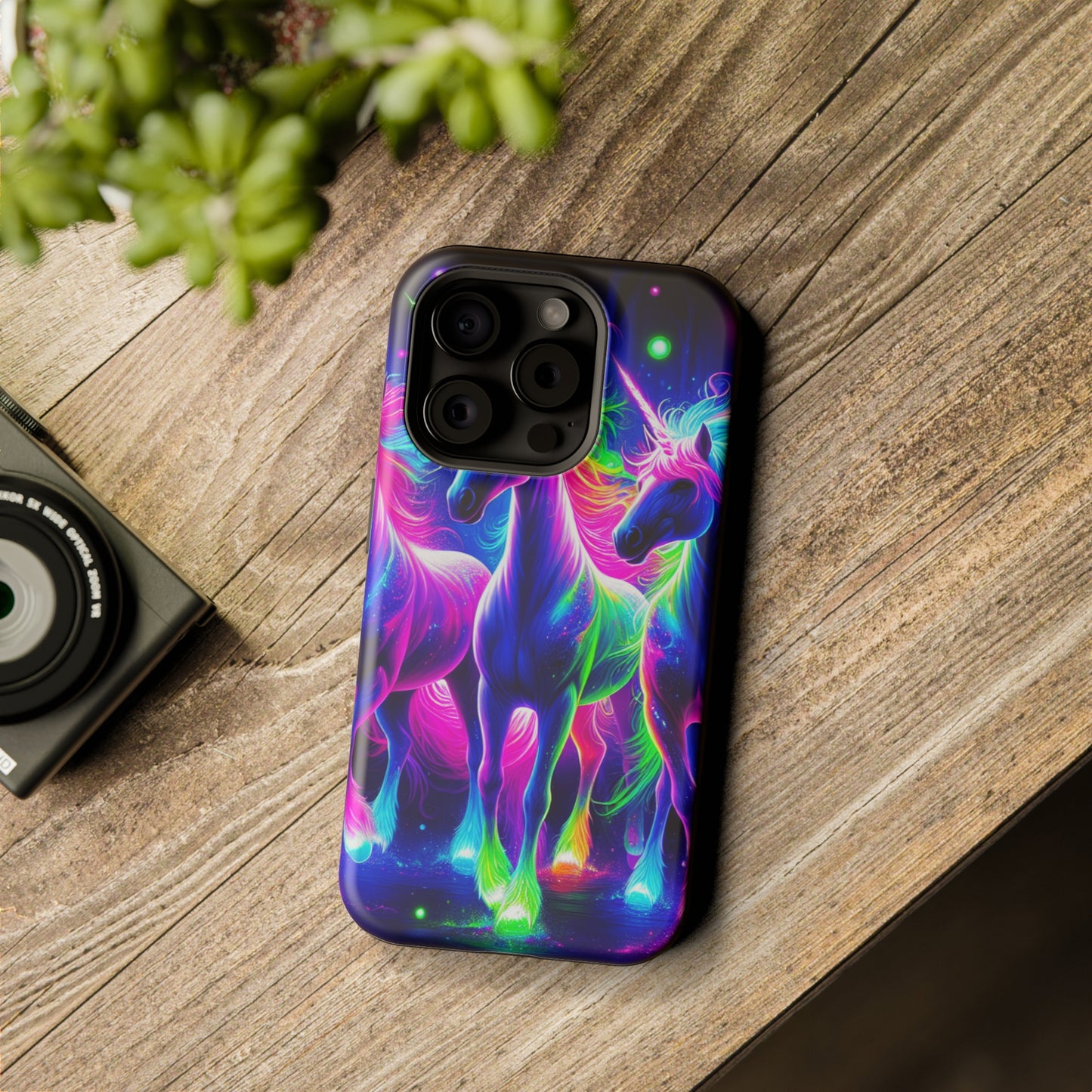 "Uni-Neon Fantasy" Neon Unicorns Premium Art Magsafe Magnet Tough IPhone 13 14 15 Pro Plus Max and Mini in Matte and Glossy Phone cases