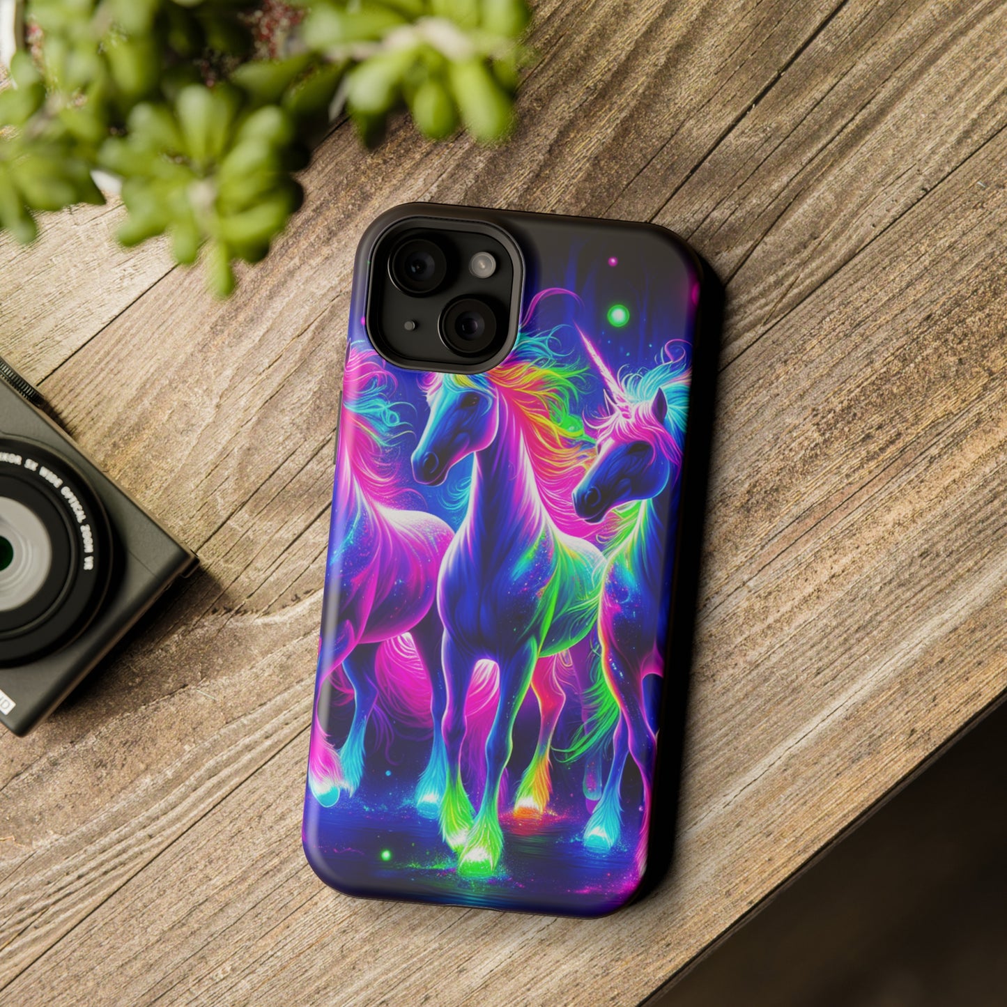 "Uni-Neon Fantasy" Neon Unicorns Premium Art Magsafe Magnet Tough IPhone 13 14 15 Pro Plus Max and Mini in Matte and Glossy Phone cases