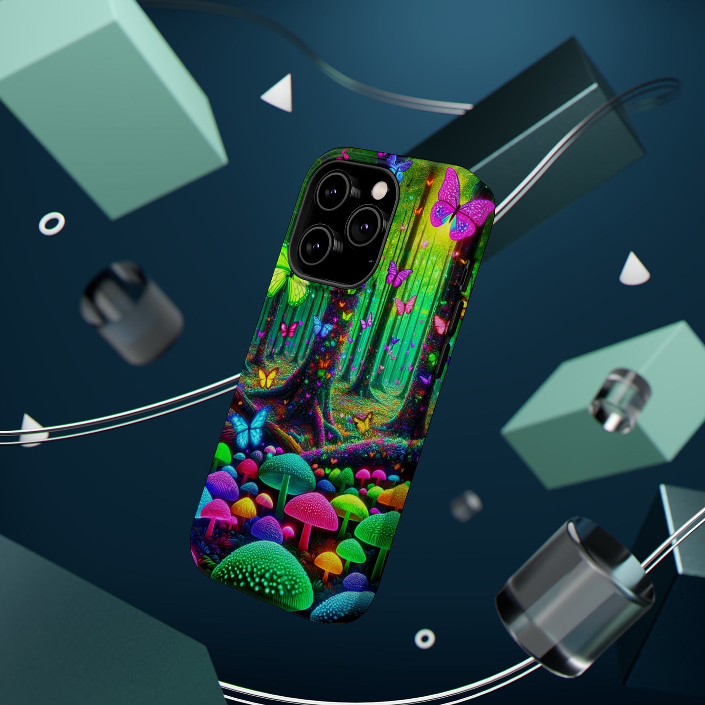 "Neon Garden Symphony". Neon Butterflies and Mushrooms Premium Art Magsafe Magnet Tough IPhone 13 14 15 Pro Plus Max and Mini in Matte and Glossy Phone cases