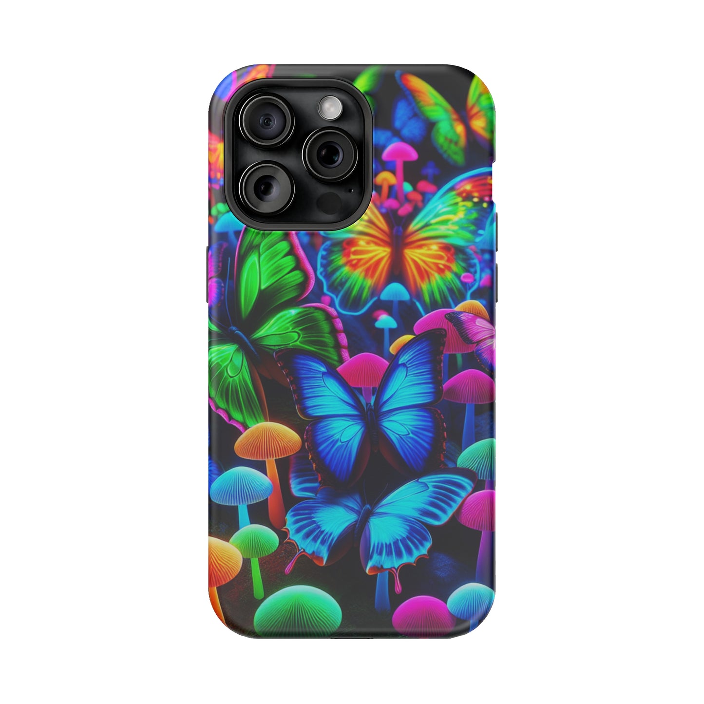 "Fantastic Fruition" Neon Butterflies and Mushrooms Premium Art Magsafe Magnet Tough IPhone 13 14 15 Pro Plus Max and Mini in Matte and Glossy Phone cases