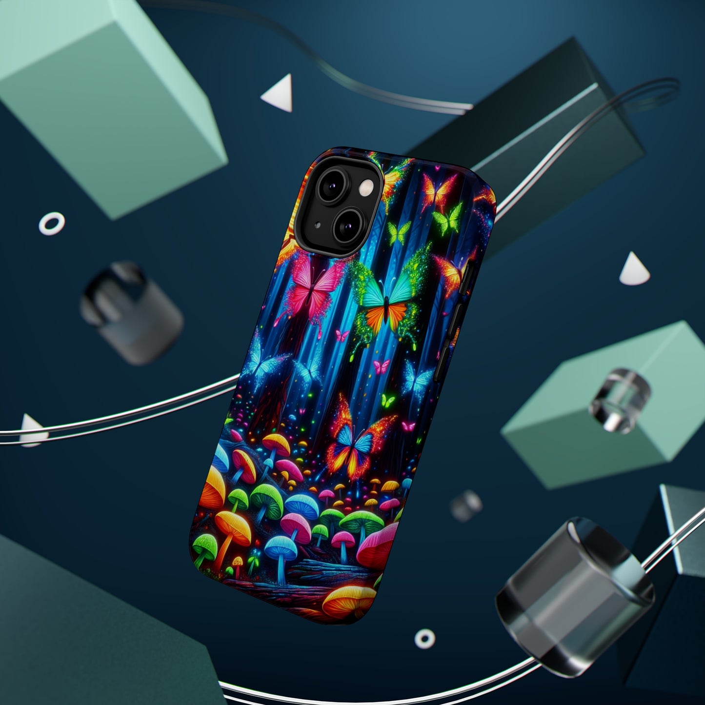 Neon Fantasia. Neon Butterflies and Mushrooms Premium Art Magsafe Magnet Tough IPhone 13 14 15 Pro Plus Max and Mini in Matte and Glossy Phone cases