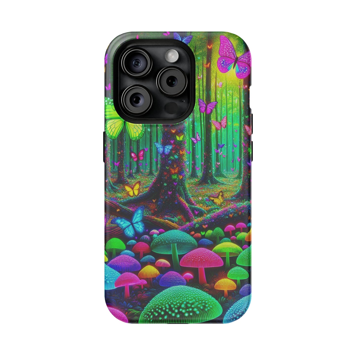 "Neon Garden Symphony". Neon Butterflies and Mushrooms Premium Art Magsafe Magnet Tough IPhone 13 14 15 Pro Plus Max and Mini in Matte and Glossy Phone cases