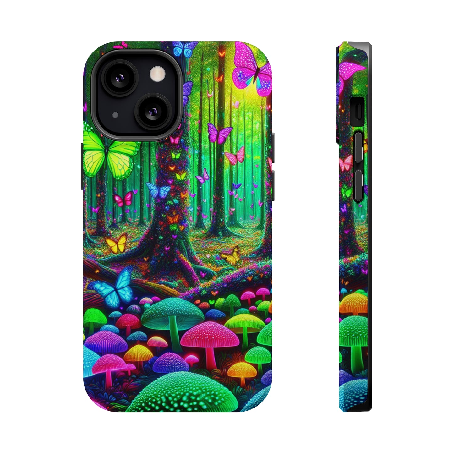 "Neon Garden Symphony". Neon Butterflies and Mushrooms Premium Art Magsafe Magnet Tough IPhone 13 14 15 Pro Plus Max and Mini in Matte and Glossy Phone cases