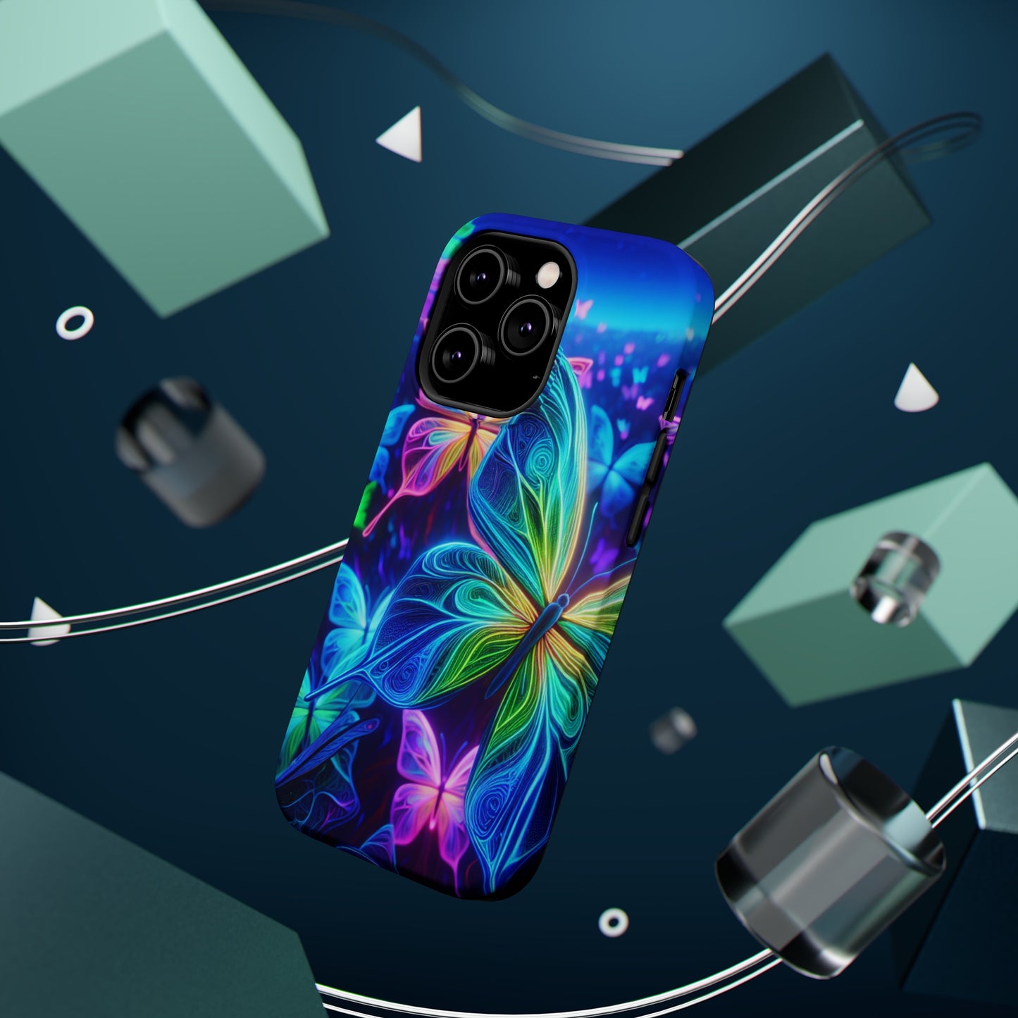 'Serene Spectacle of Neon Butterflies' Neon Butterflies Premium Art Magsafe Magnet Tough IPhone 13 14 15 Pro Plus Max and Mini in Matte and Glossy Phone cases