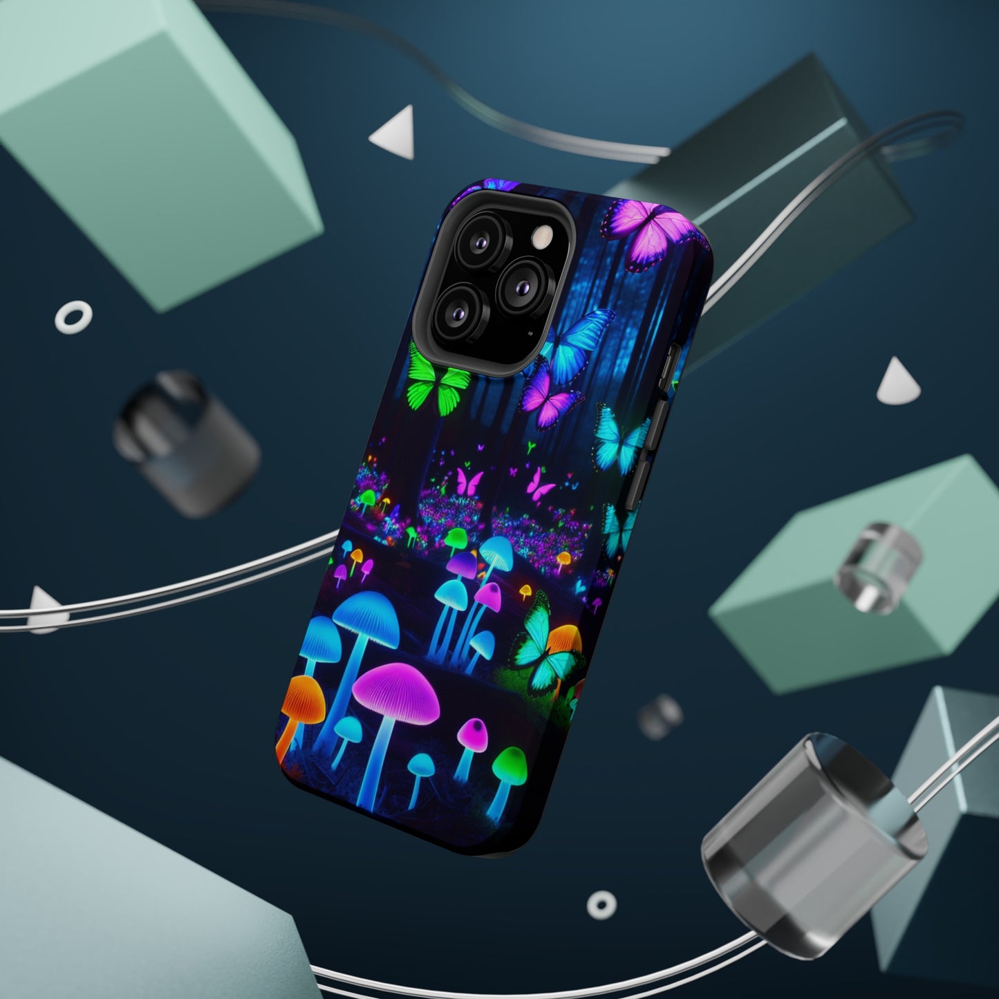 Neon Spectacle. Neon Butterflies and Mushrooms Premium Art Magsafe Magnet Tough IPhone 13 14 15 Pro Plus Max and Mini in Matte and Glossy Phone cases