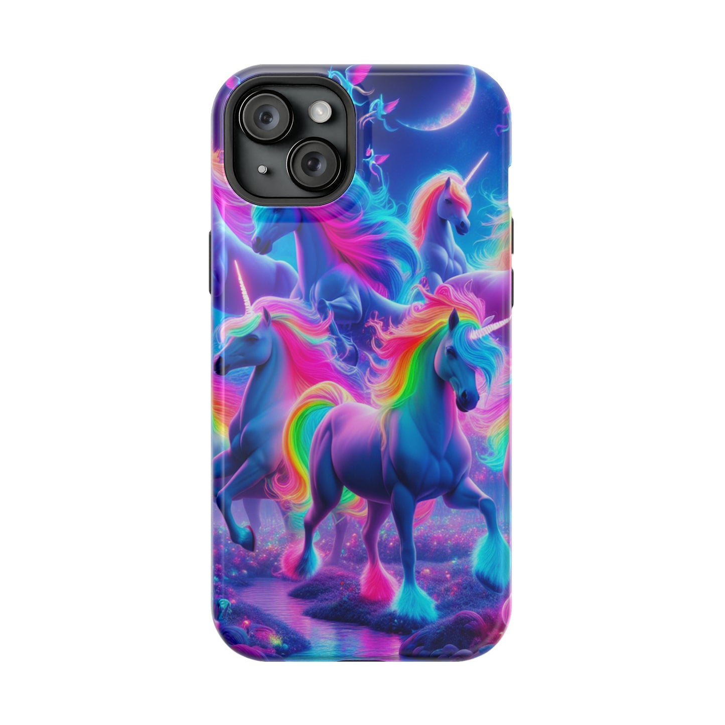 "Unicorn Prism" Neon Unicorns Premium Art Magsafe Magnet Tough IPhone 13 14 15 Pro Plus Max and Mini in Matte and Glossy Phone cases