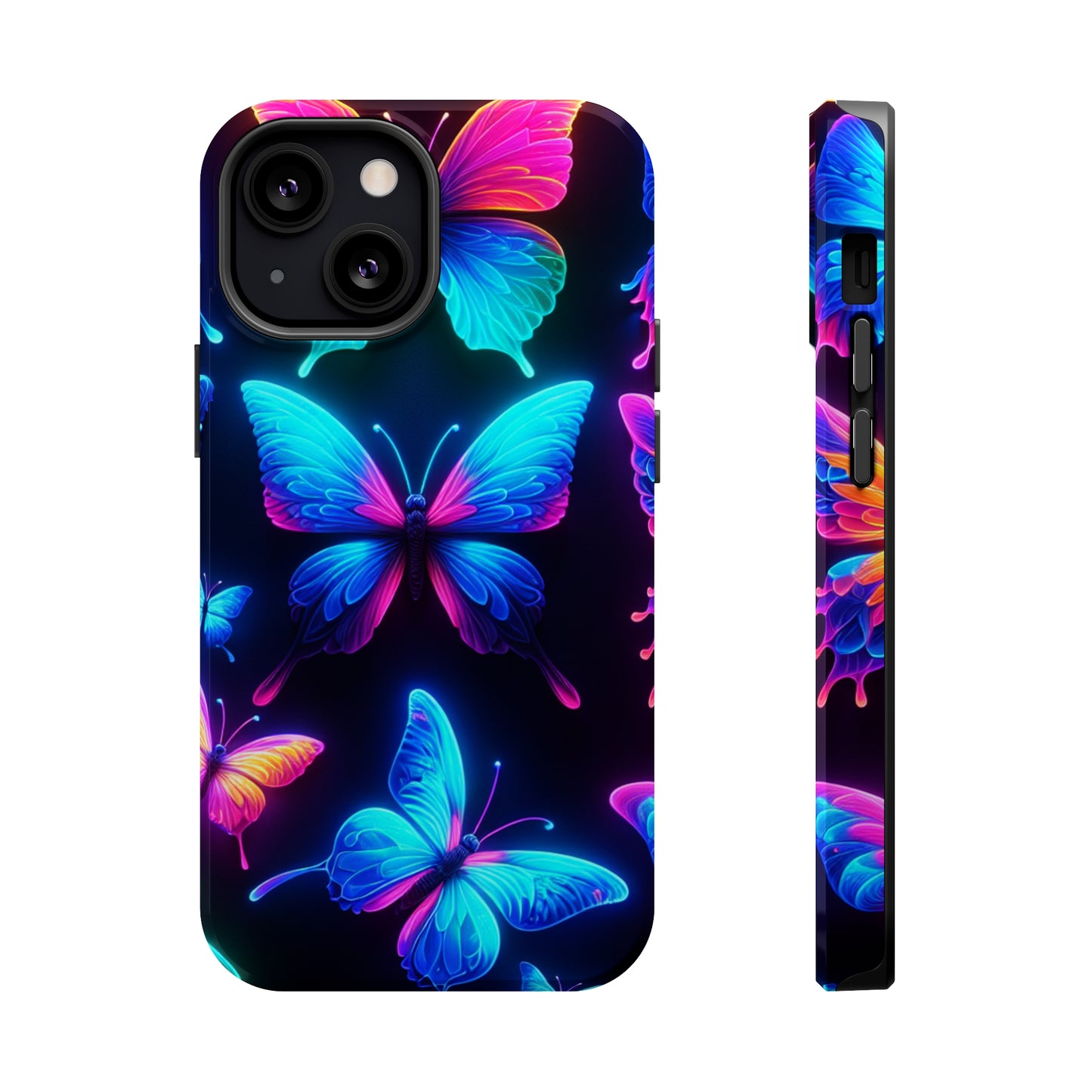 "Neon Flight Frenzy" Neon Butterflies Premium Art Magsafe Magnet Tough IPhone 13 14 15 Pro Plus Max and Mini in Matte and Glossy Phone cases