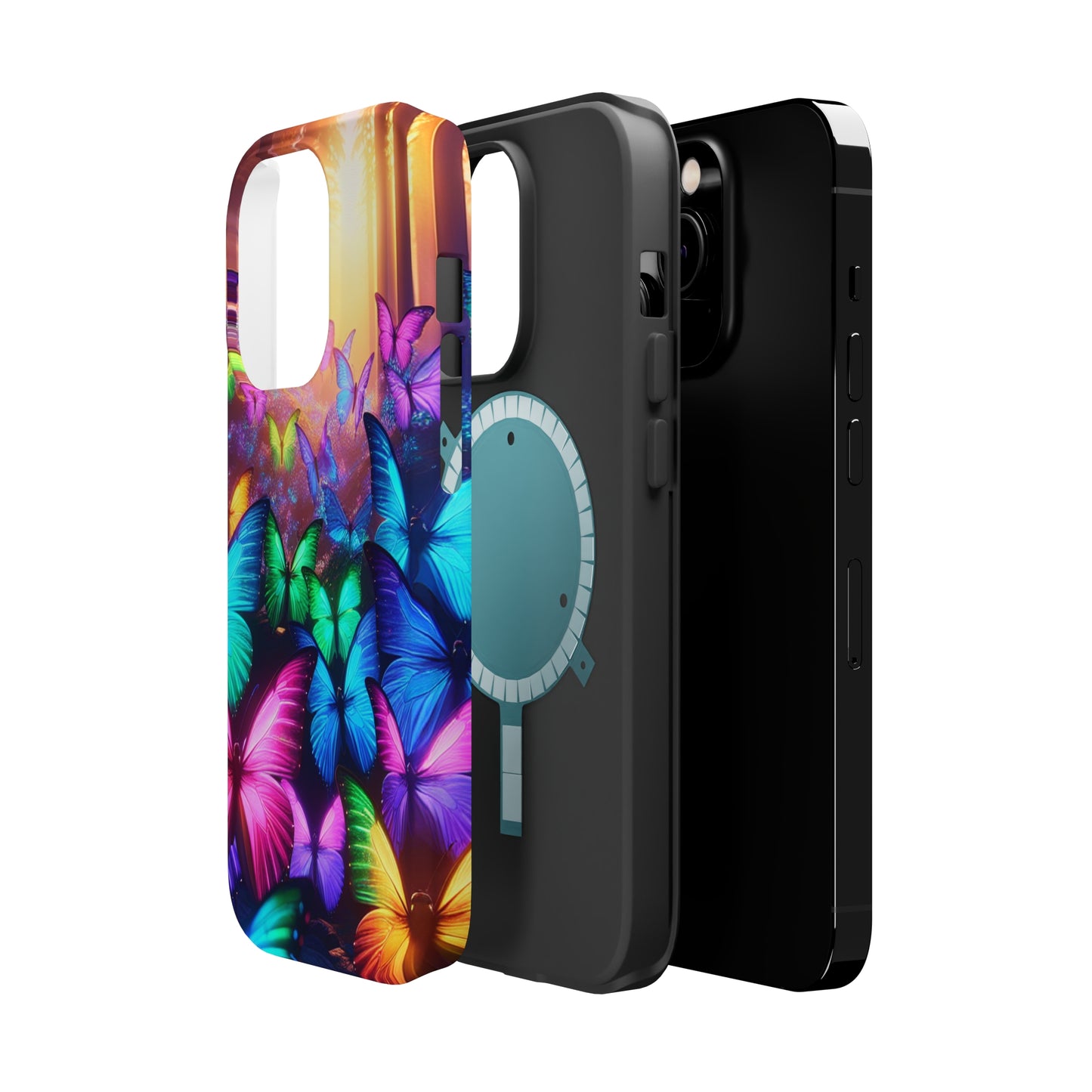 "Radiant Glowing Flight" Neon Butterflies Premium Art Magsafe Magnet Tough IPhone 13 14 15 Pro Plus Max and Mini in Matte and Glossy Phone cases