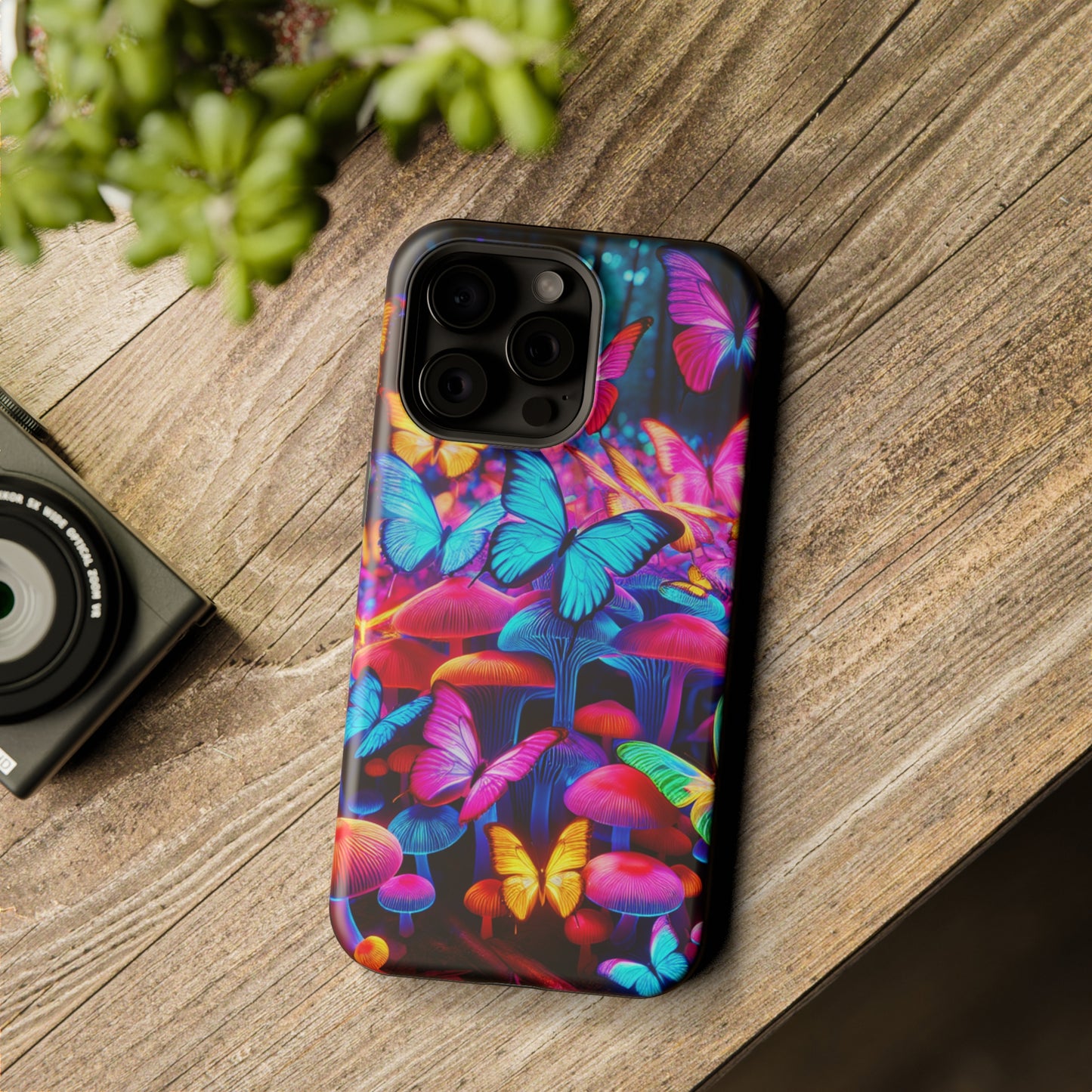 "Neon Tie-Dye Garden" Neon Butterflies and Mushrooms Premium Art Magsafe Magnet Tough IPhone 13 14 15 Pro Plus Max and Mini in Matte and Glossy Phone cases
