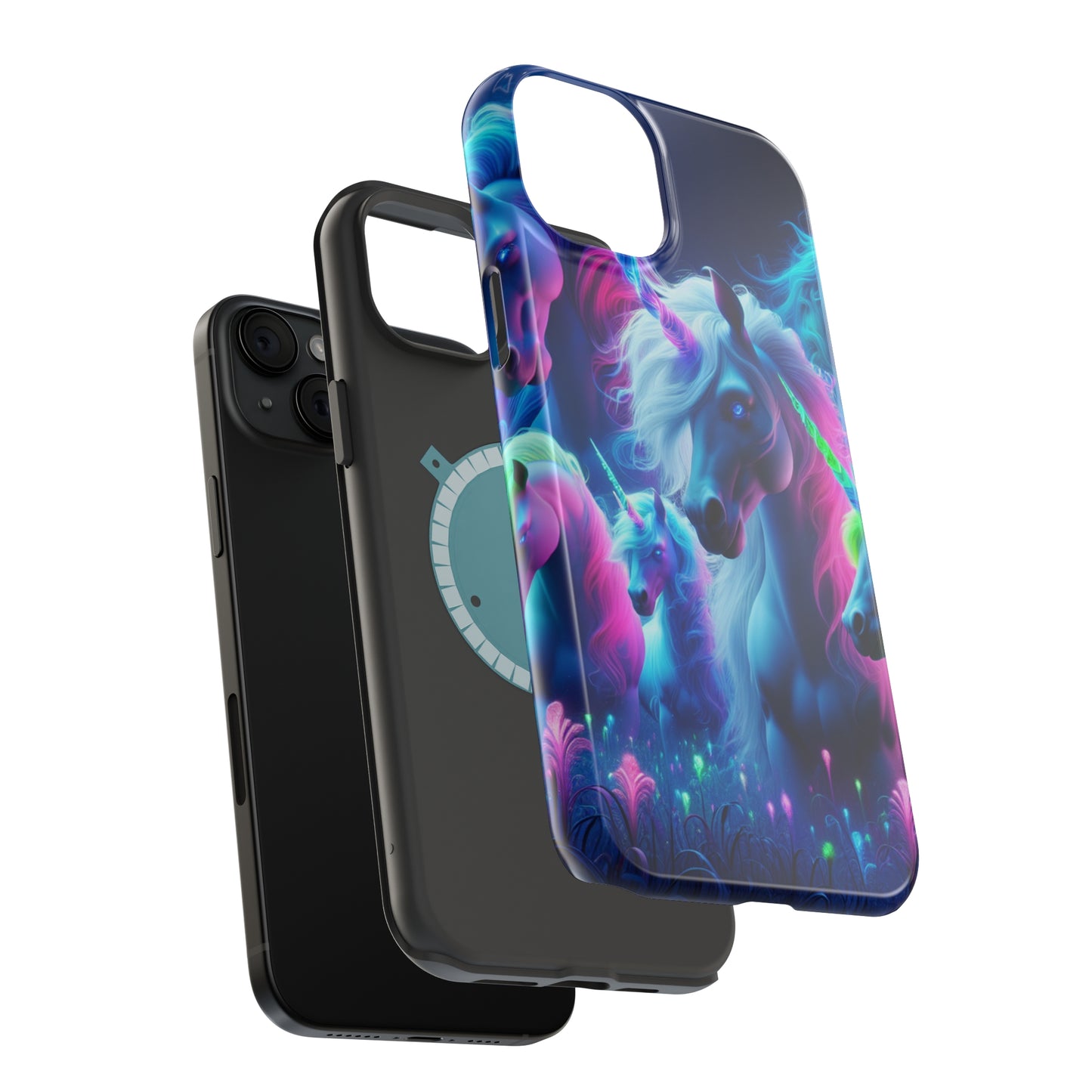 "Unicorn Flux-scape" Neon Unicorns Premium Art Magsafe Magnet Tough IPhone 13 14 15 Pro Plus Max and Mini in Matte and Glossy Phone cases