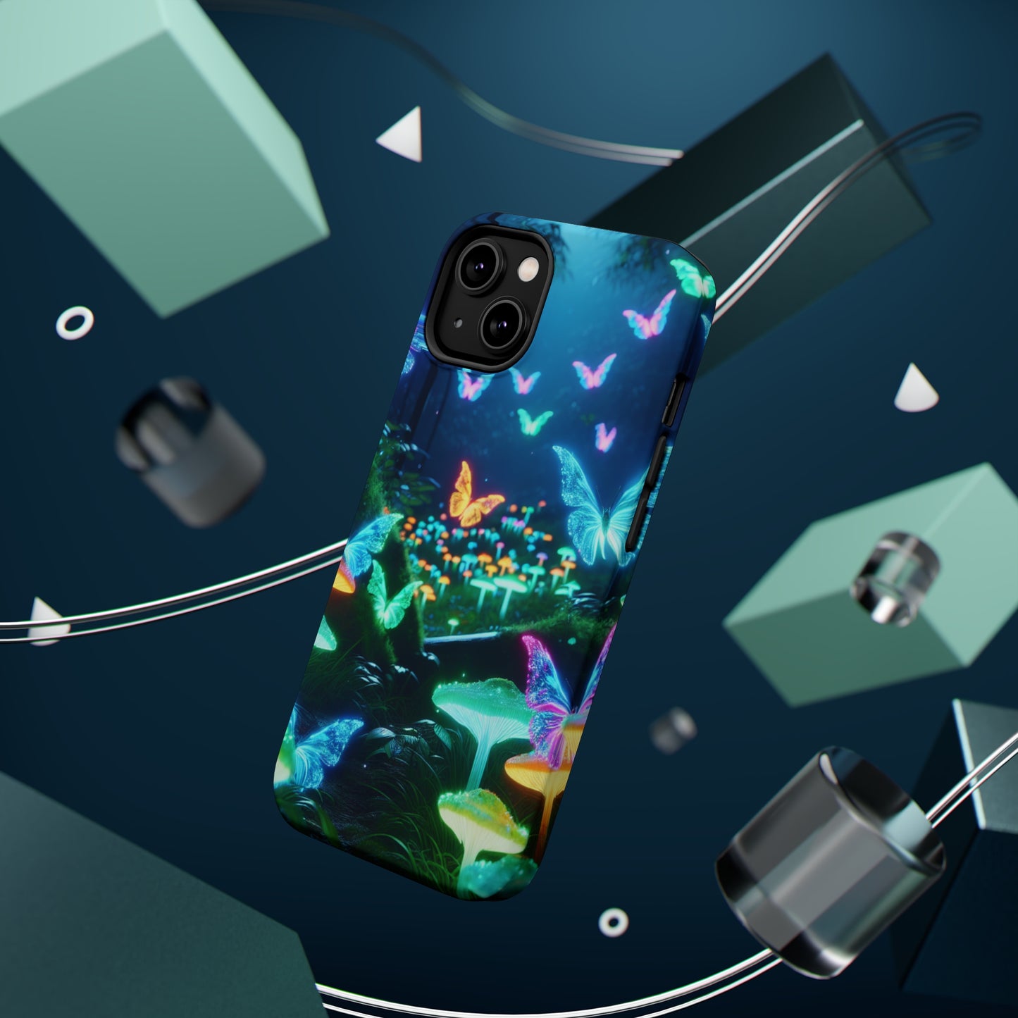 "Neon Meadow" Neon Butterflies and Mushrooms Premium Art Magsafe Magnet Tough IPhone 13 14 15 Pro Plus Max and Mini in Matte and Glossy Phone cases
