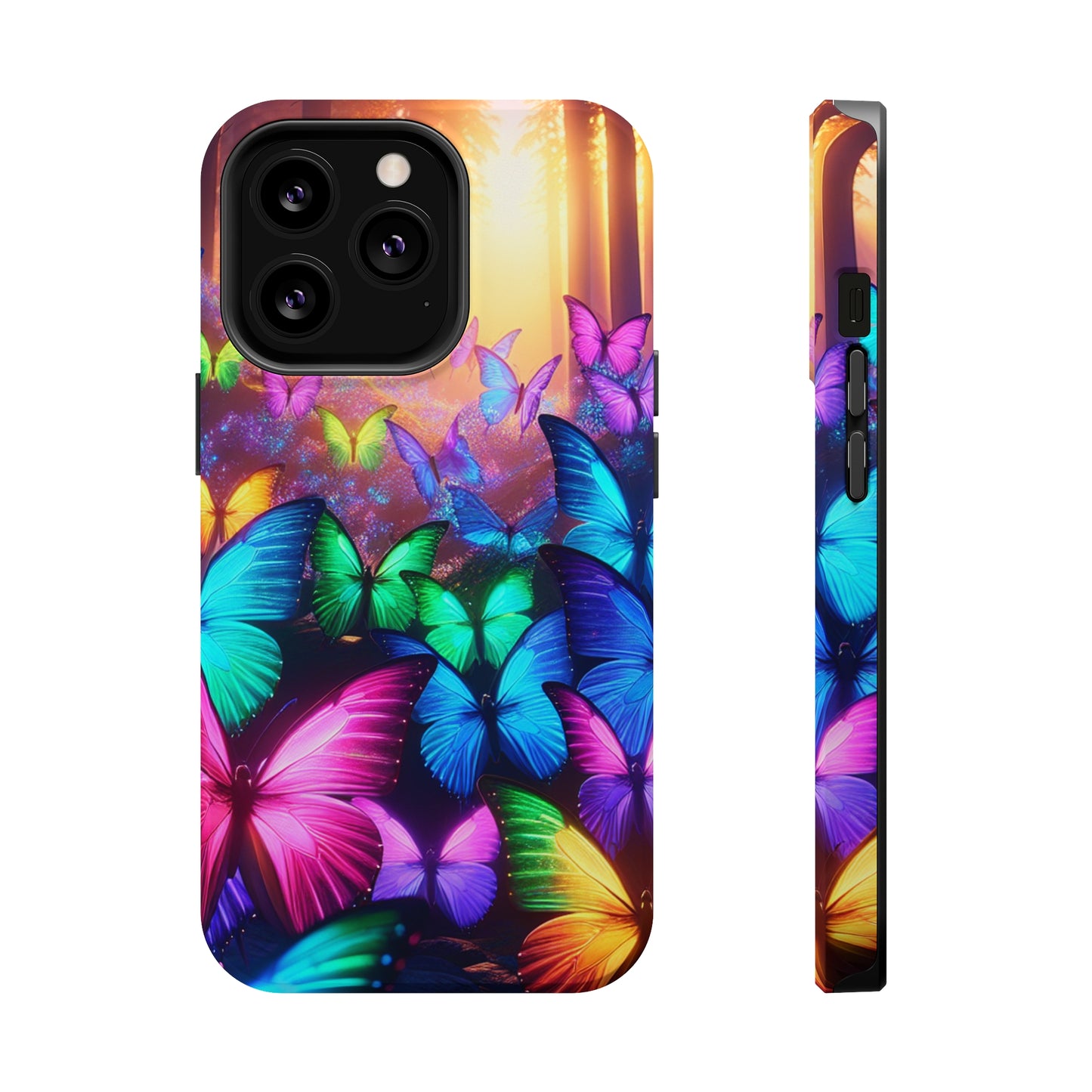 "Radiant Glowing Flight" Neon Butterflies Premium Art Magsafe Magnet Tough IPhone 13 14 15 Pro Plus Max and Mini in Matte and Glossy Phone cases