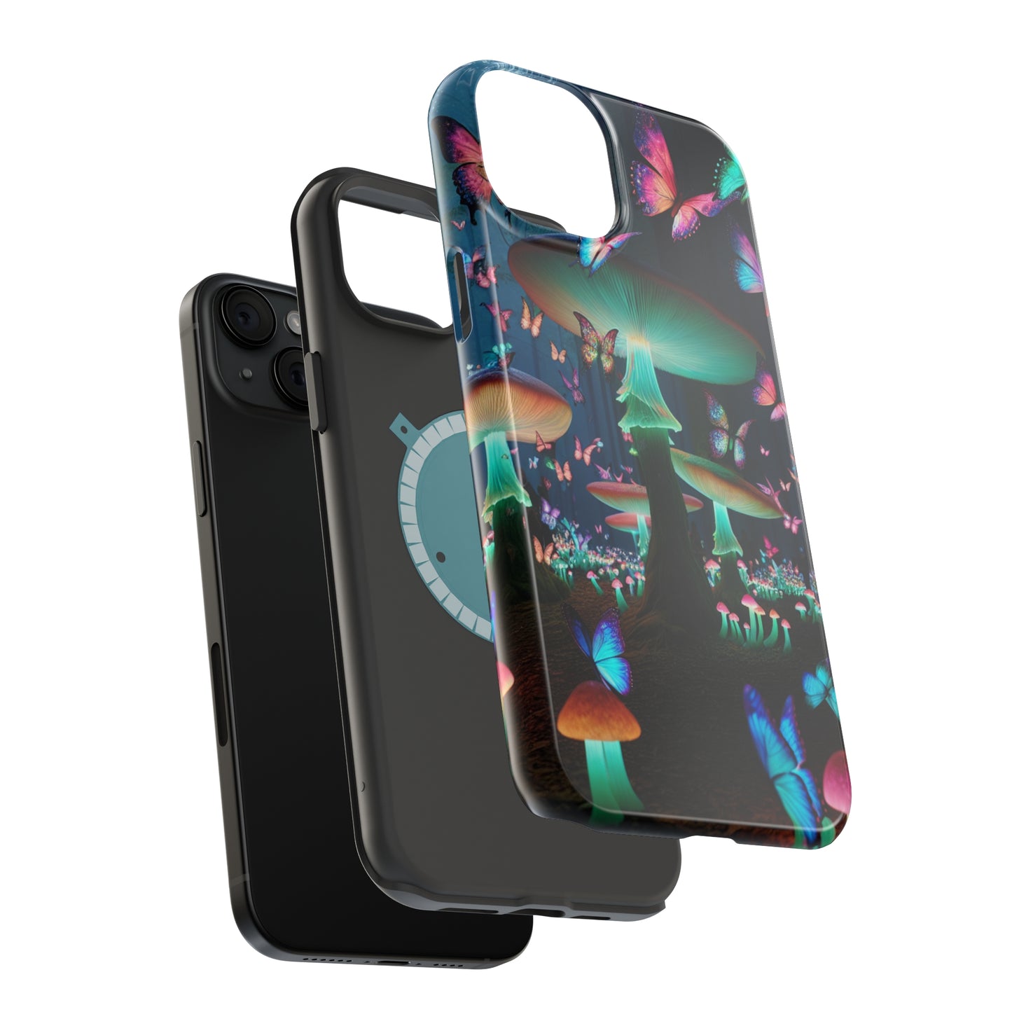 Neon Garden Delight. Neon Butterflies and Mushrooms Premium Art Magsafe Magnet Tough IPhone 13 14 15 Pro Plus Max and Mini in Matte and Glossy Phone cases