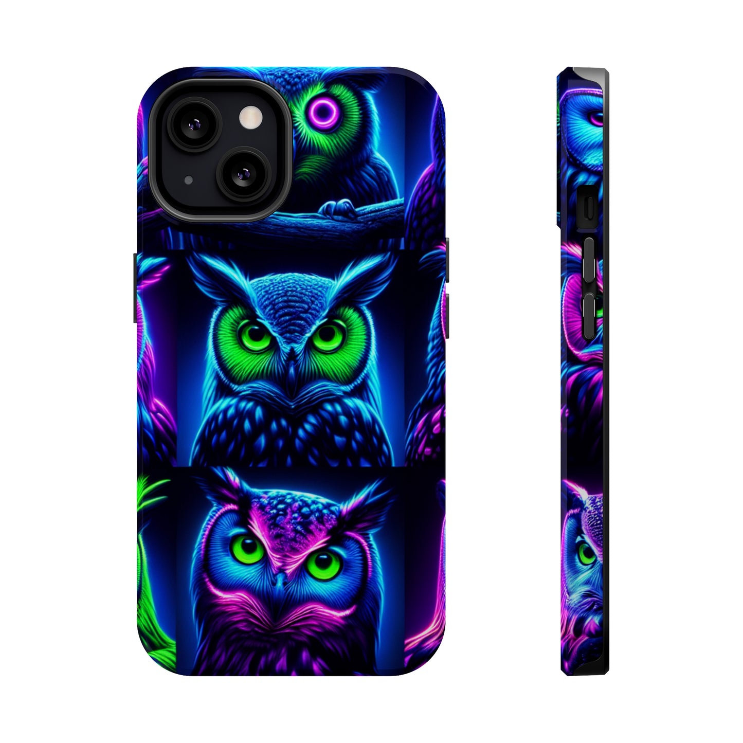 "Neon Nocturne" Neon Owls Premium Art Magsafe Magnet Tough IPhone 13 14 15 Pro Plus Max and Mini in Matte and Glossy Phone cases