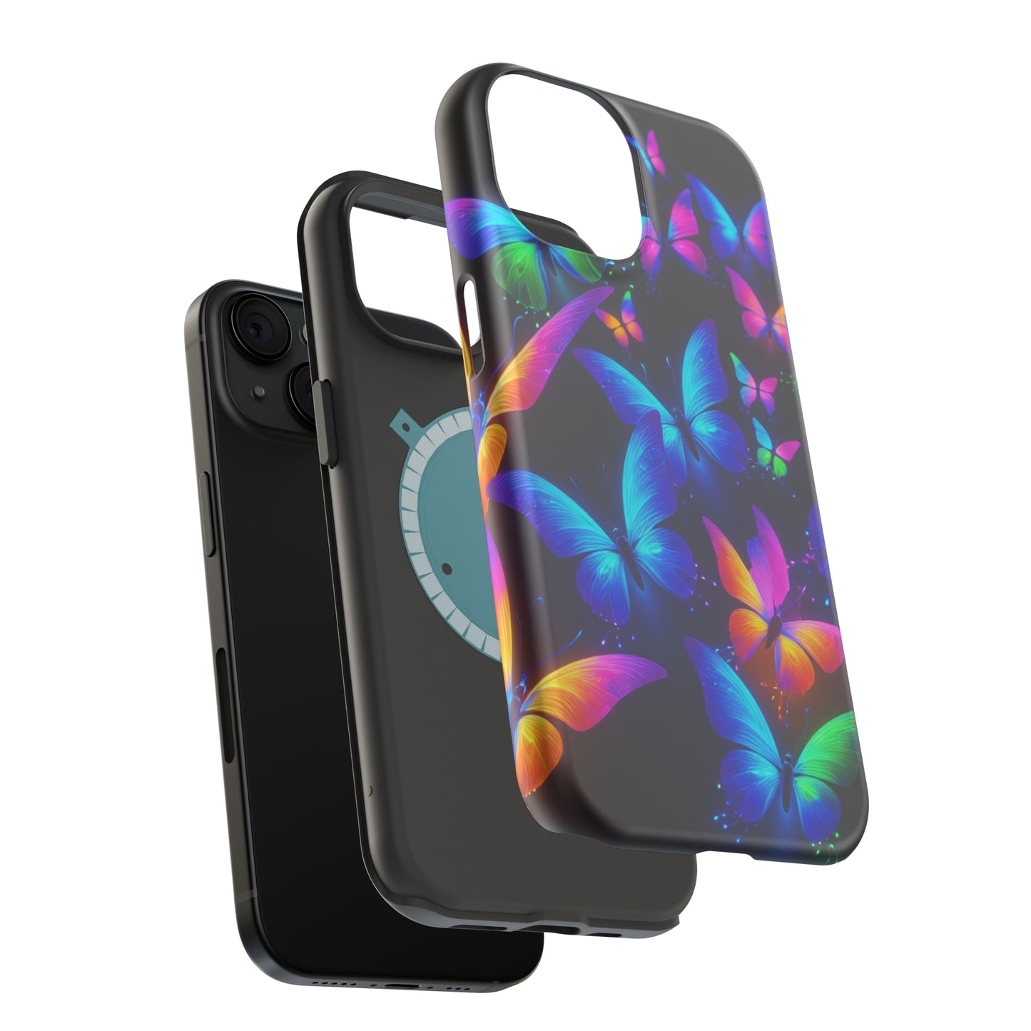 "Vibrant Neon Flutter" Neon Butterflies Premium Art Magsafe Magnet Tough IPhone 13 14 15 Pro Plus Max and Mini in Matte and Glossy Phone cases