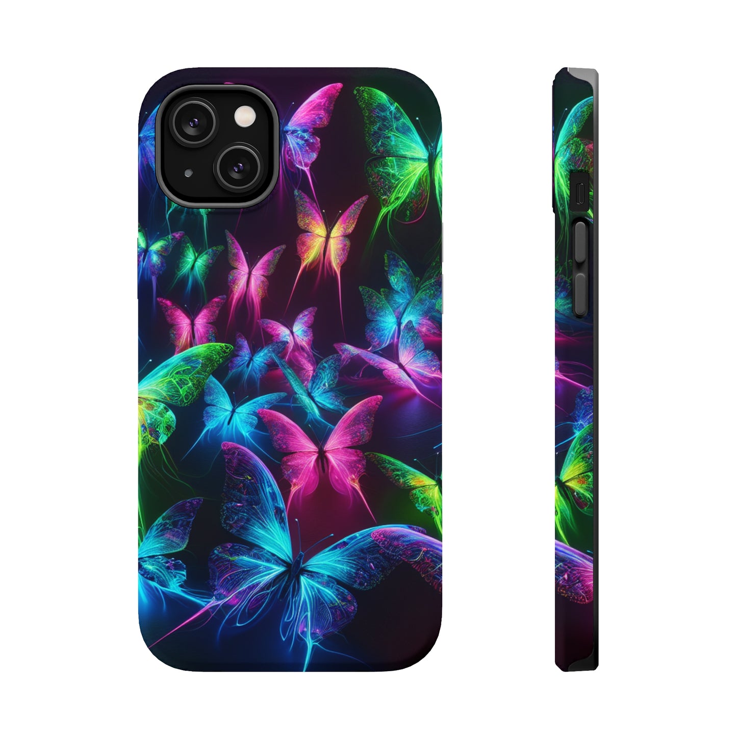 'Euphoria in Neon Flight' Neon Butterflies Premium Art Magsafe Magnet Tough IPhone 13 14 15 Pro Plus Max and Mini in Matte and Glossy Phone cases