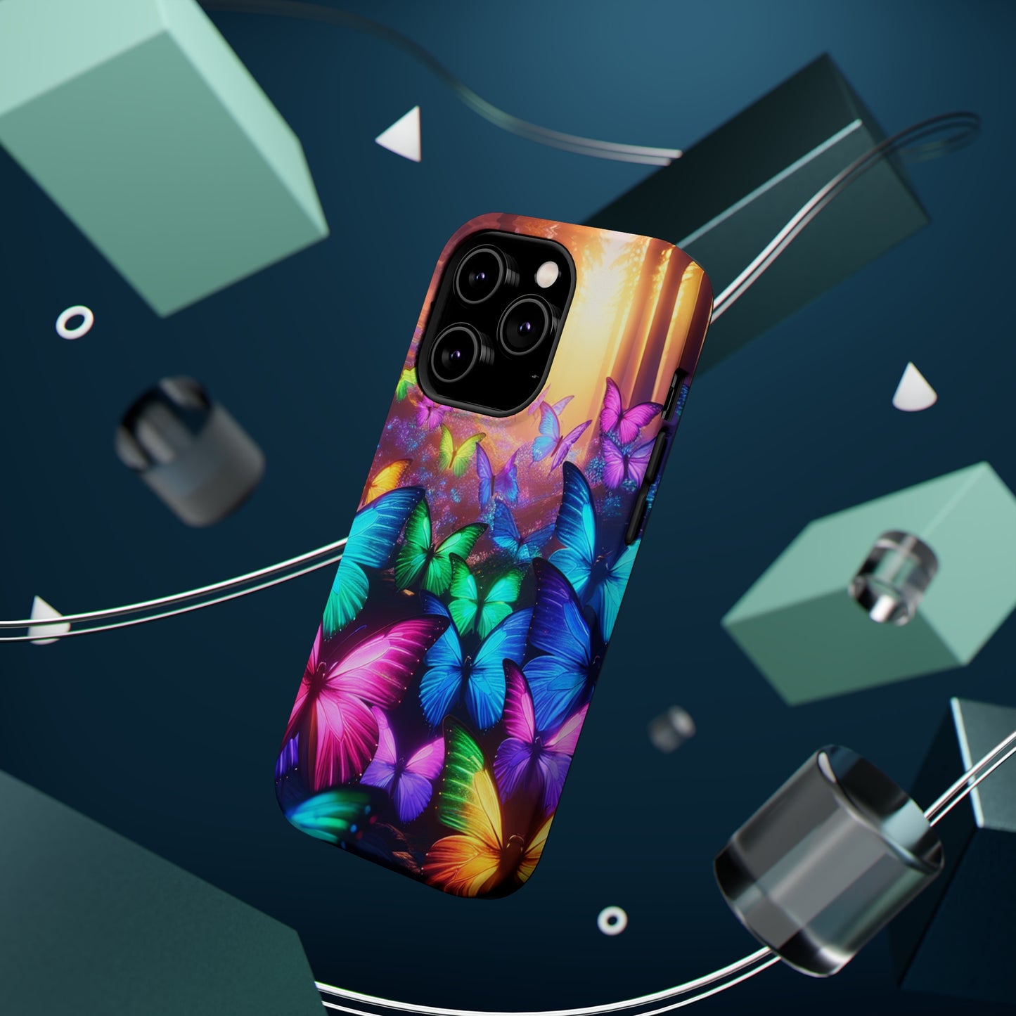 "Radiant Glowing Flight" Neon Butterflies Premium Art Magsafe Magnet Tough IPhone 13 14 15 Pro Plus Max and Mini in Matte and Glossy Phone cases