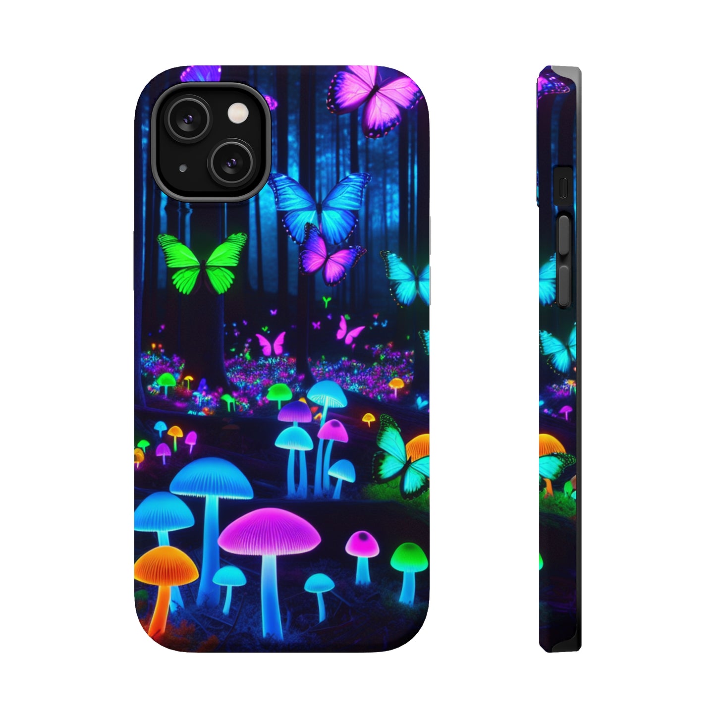 Neon Spectacle. Neon Butterflies and Mushrooms Premium Art Magsafe Magnet Tough IPhone 13 14 15 Pro Plus Max and Mini in Matte and Glossy Phone cases