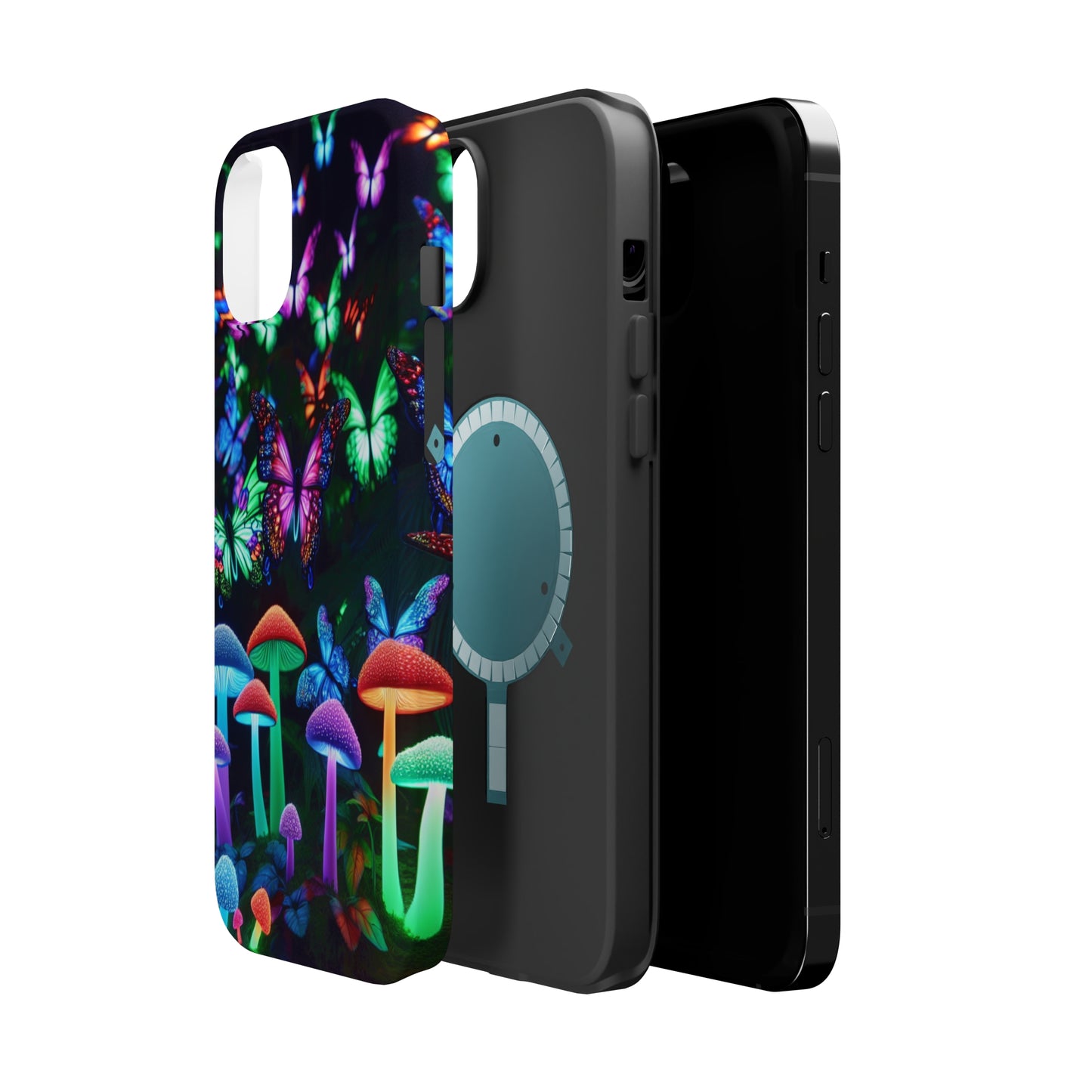 "Neon Burst Wonderland". Neon Butterflies and Mushrooms Premium Art Magsafe Magnet Tough IPhone 13 14 15 Pro Plus Max and Mini in Matte and Glossy Phone cases